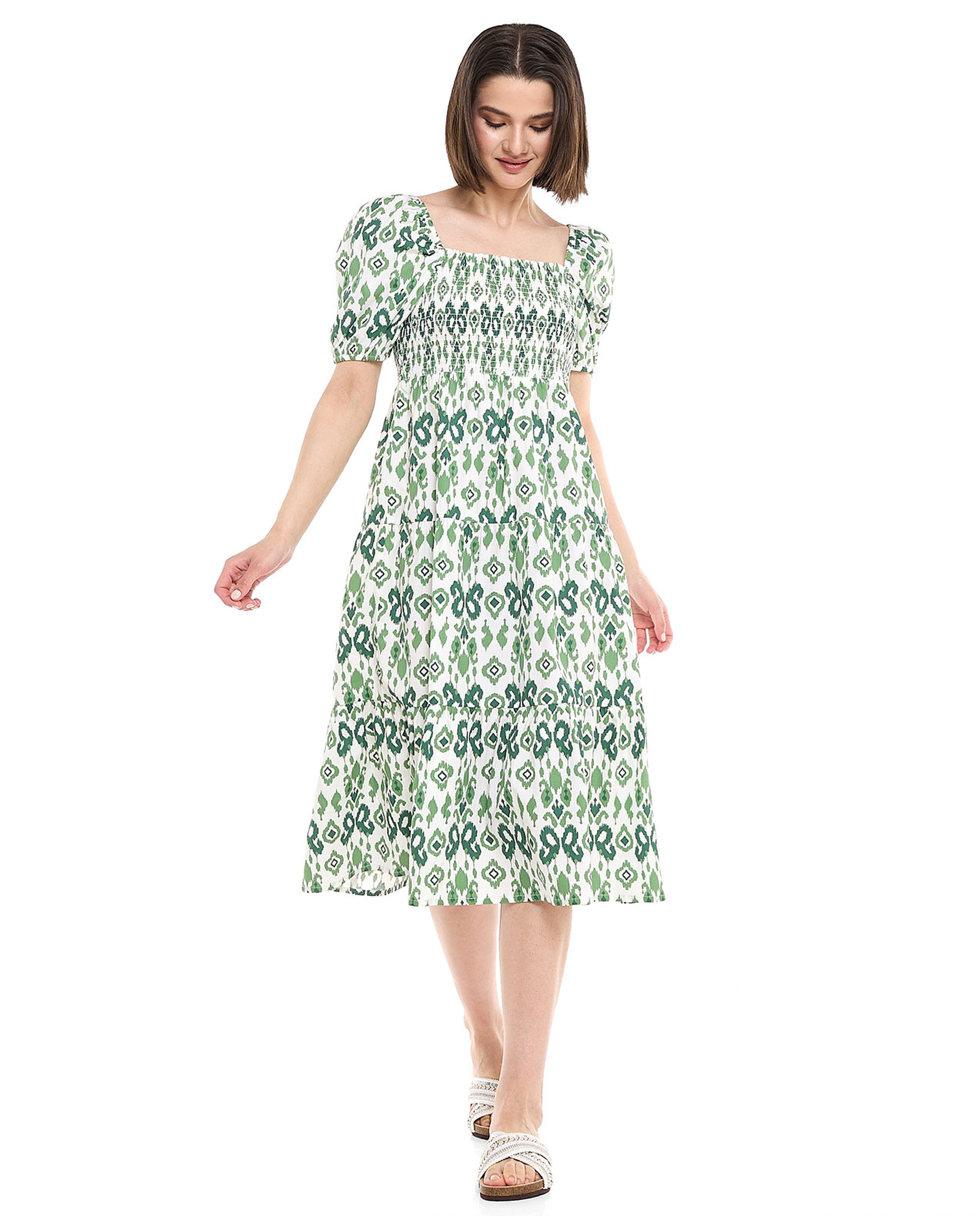 Printed Midi Dress with Square Neck and Puff Sleeves