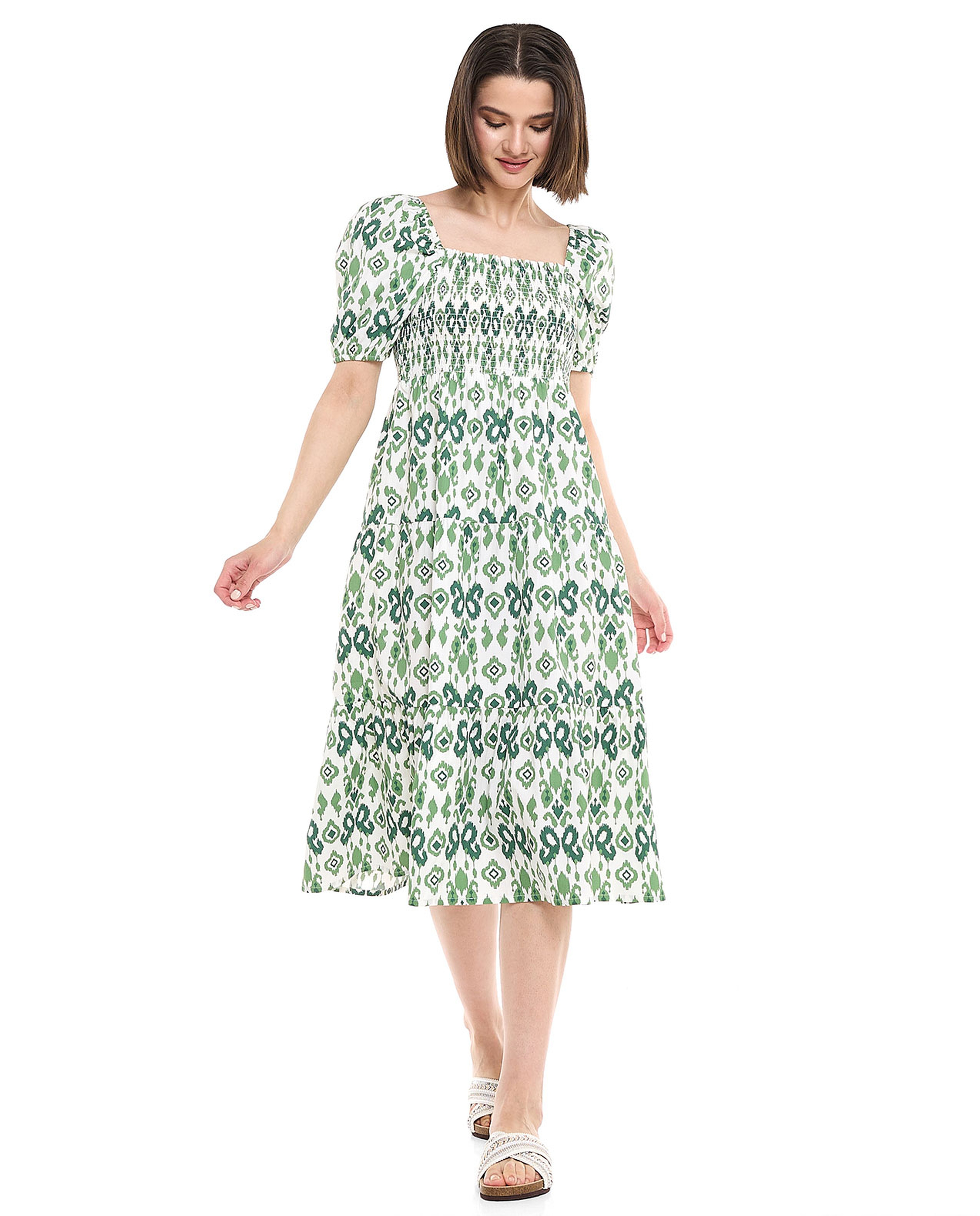 Printed Midi Dress with Square Neck and Puff Sleeves