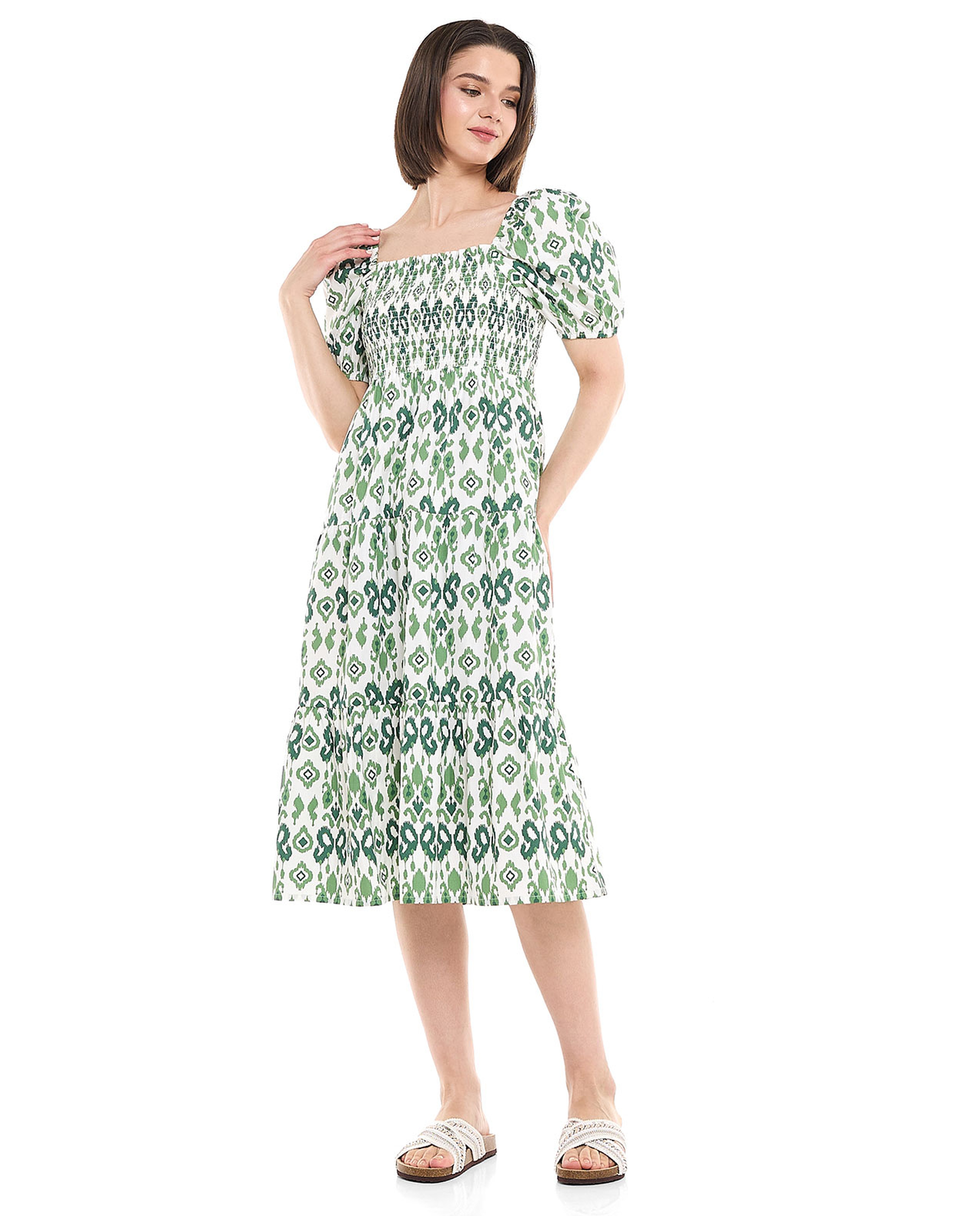 Printed Midi Dress with Square Neck and Puff Sleeves