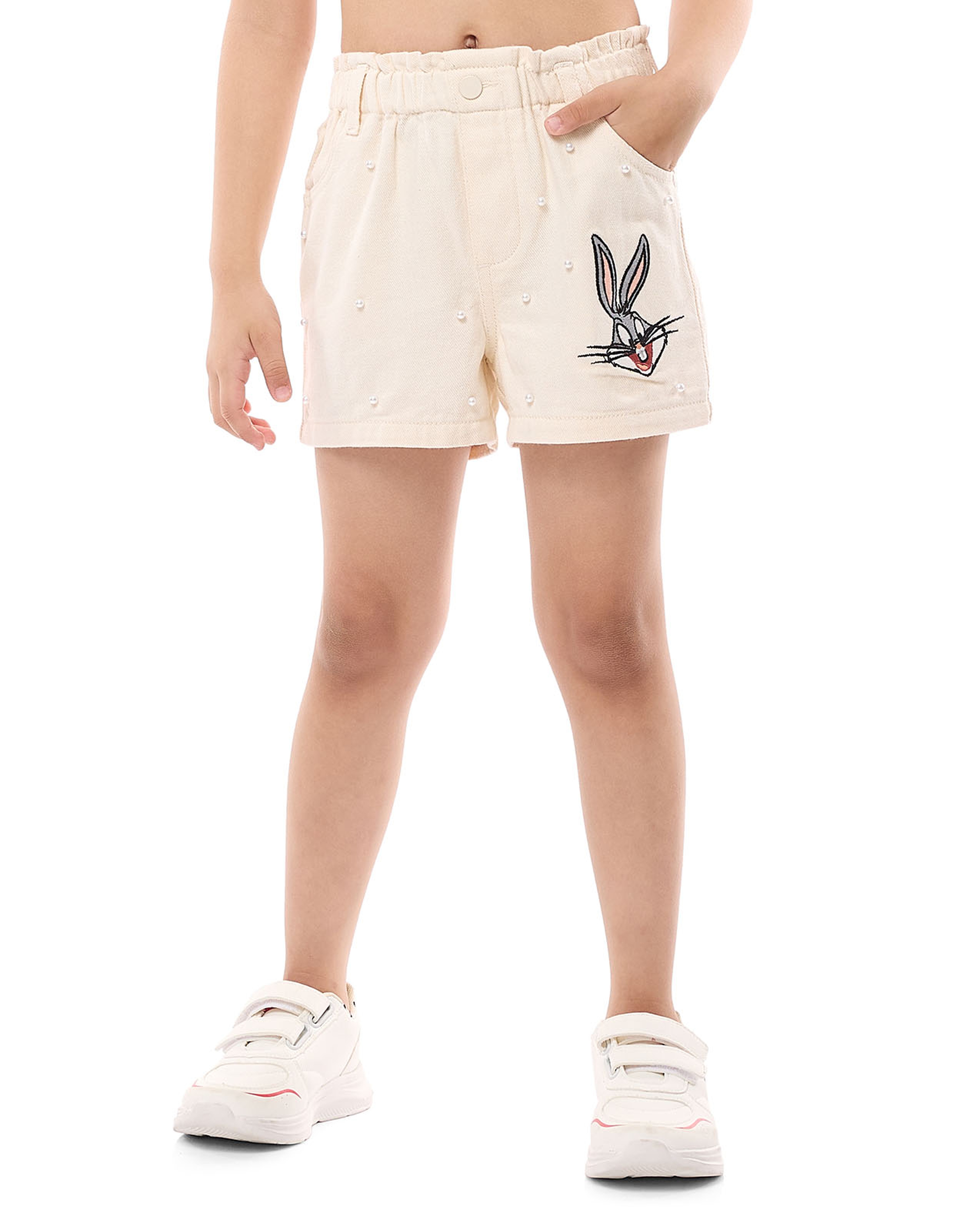 Bugs Bunny Embroidered Denim Shorts with Button Closure
