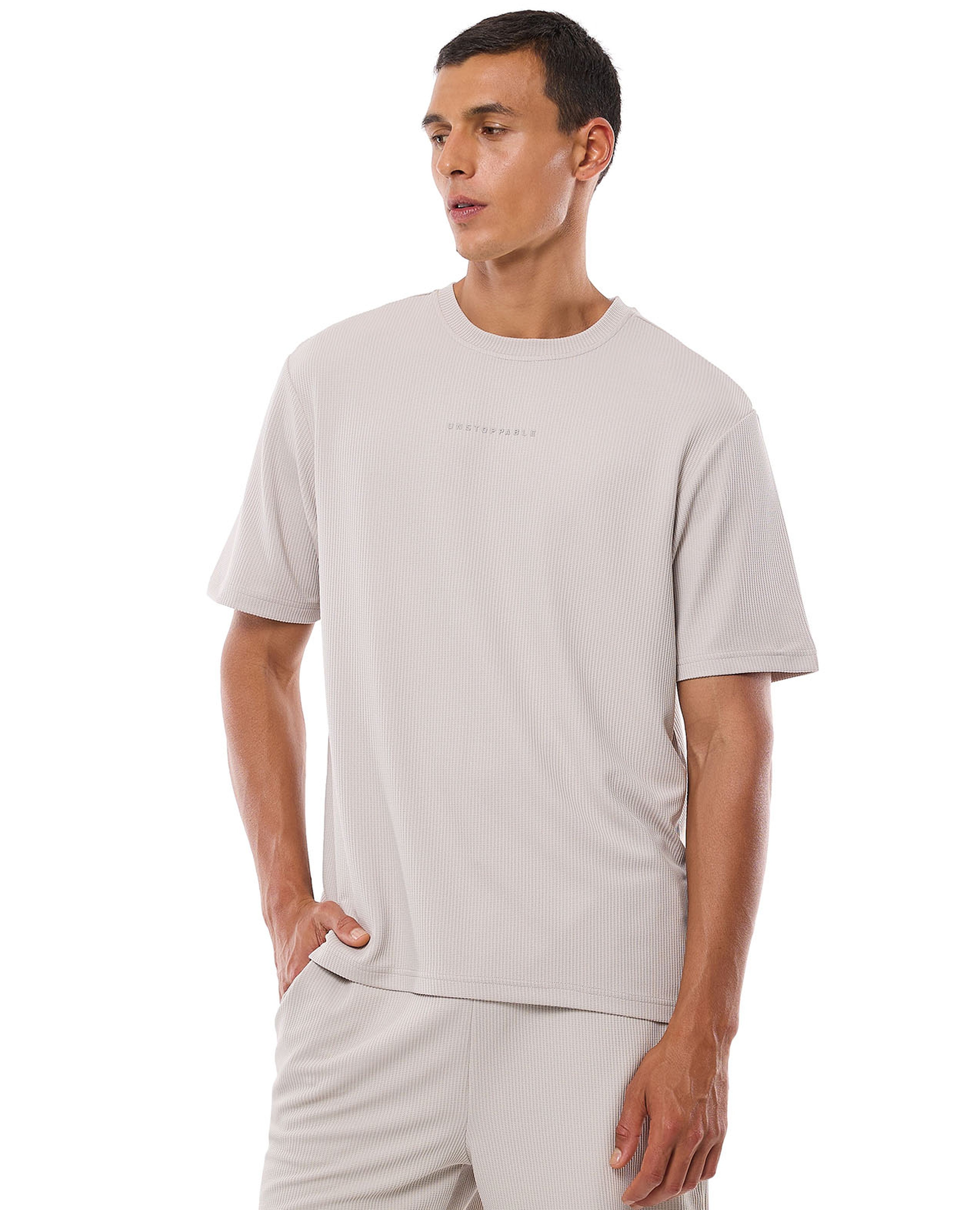 Waffle Textured T-Shirt with Crew Neck and Short Sleeves