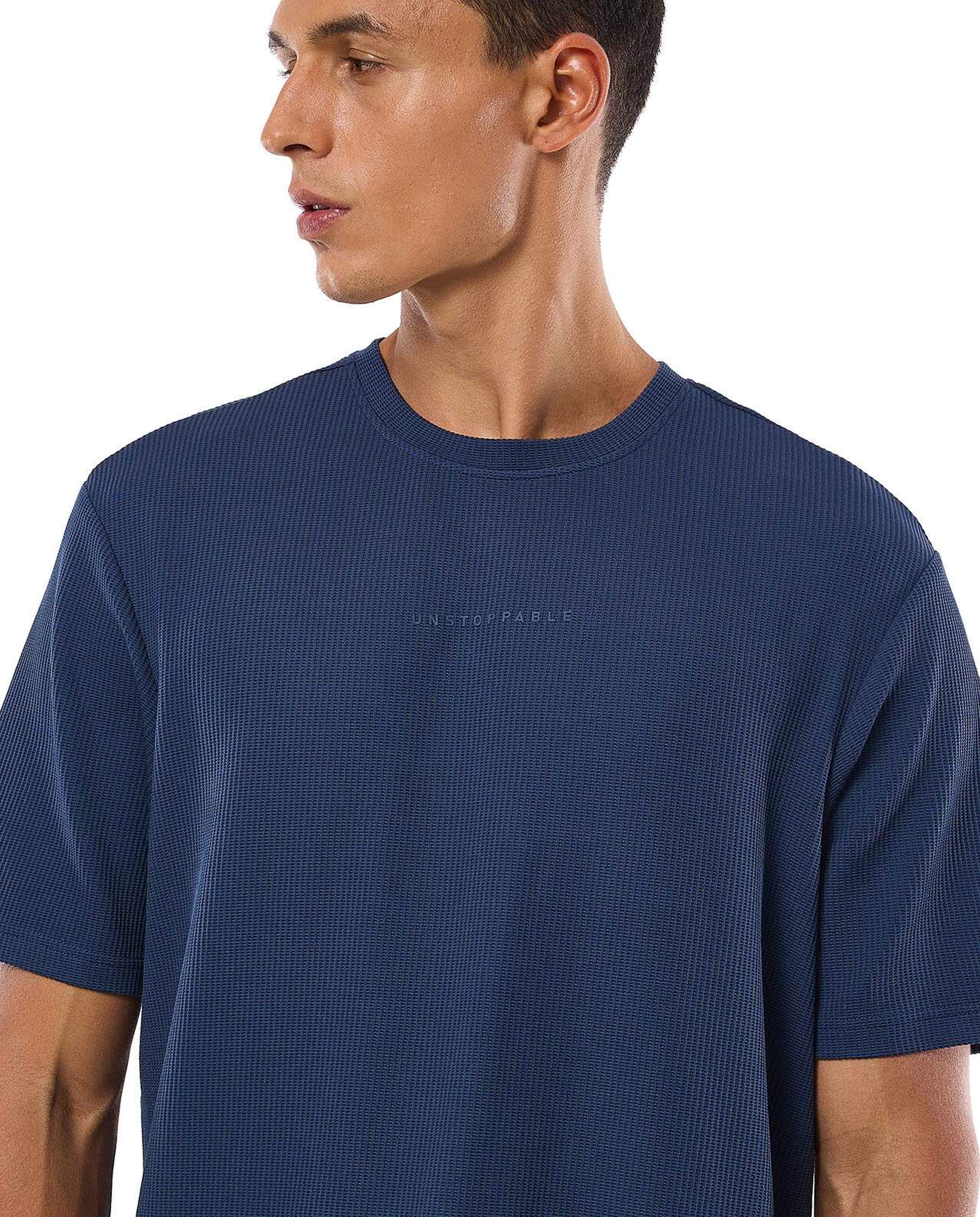 Waffle Textured T-Shirt with Crew Neck and Short Sleeves