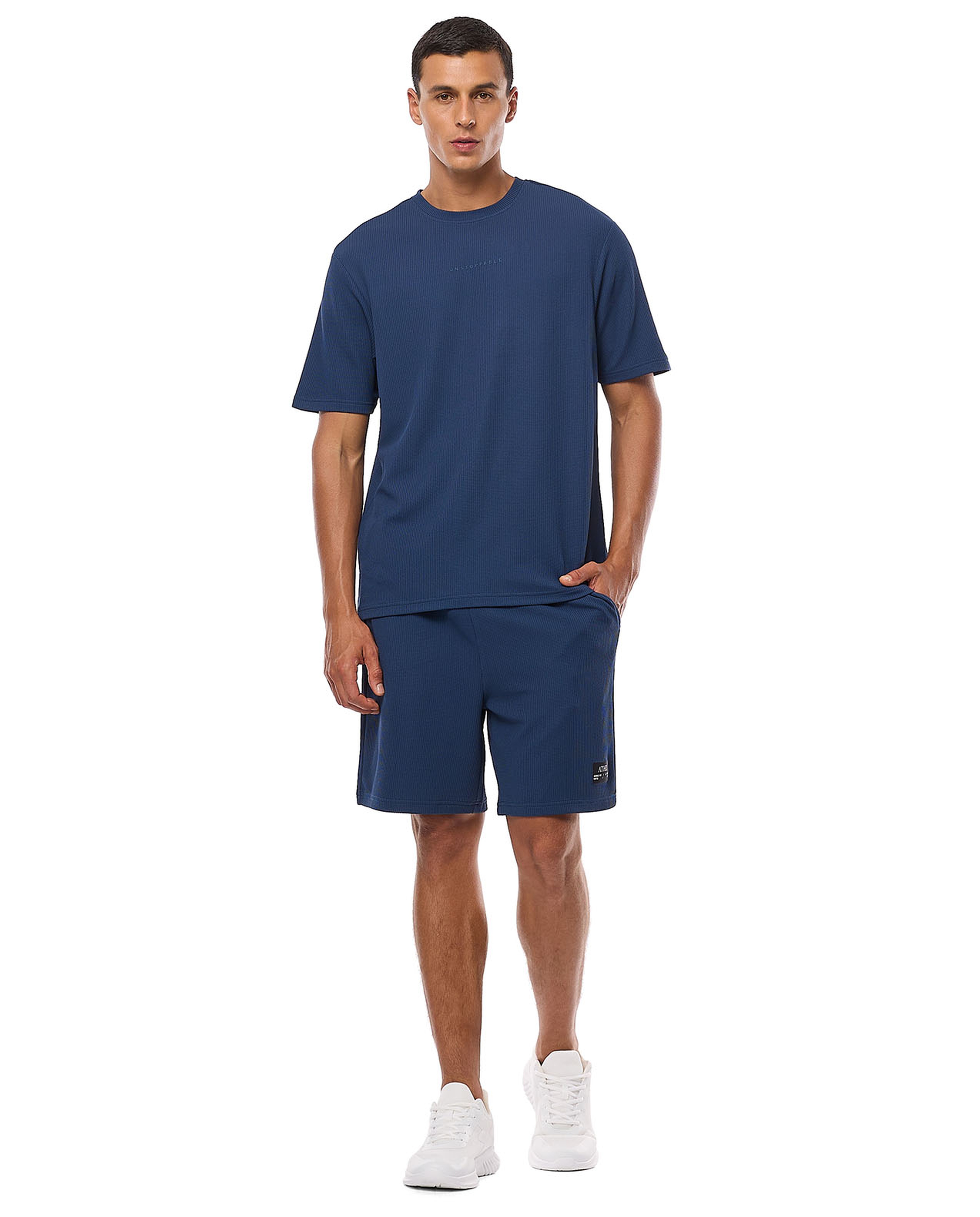 Waffle Textured T-Shirt with Crew Neck and Short Sleeves