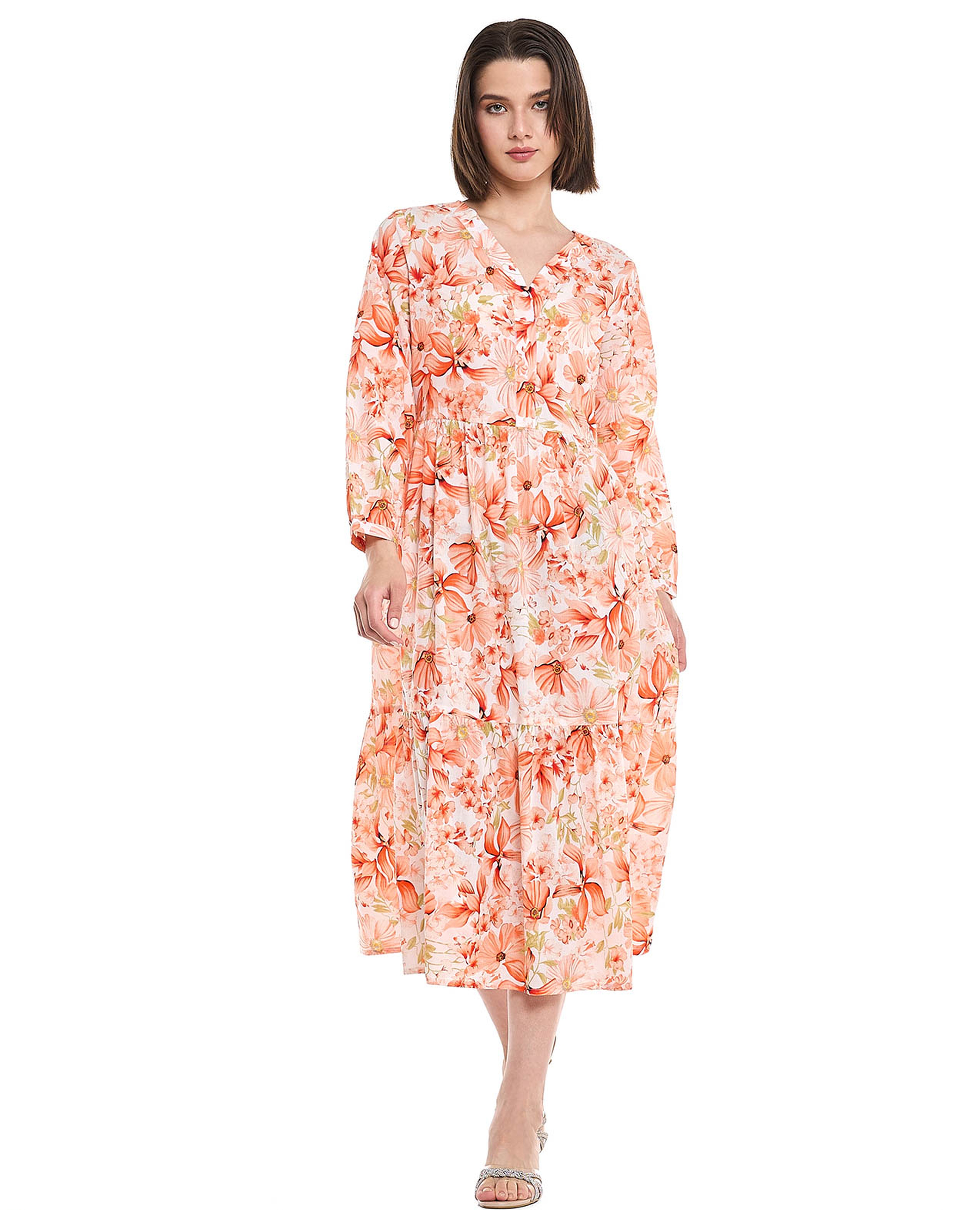 فستان ميدي بطبعة ورود وياقة V وأكمام طويلة