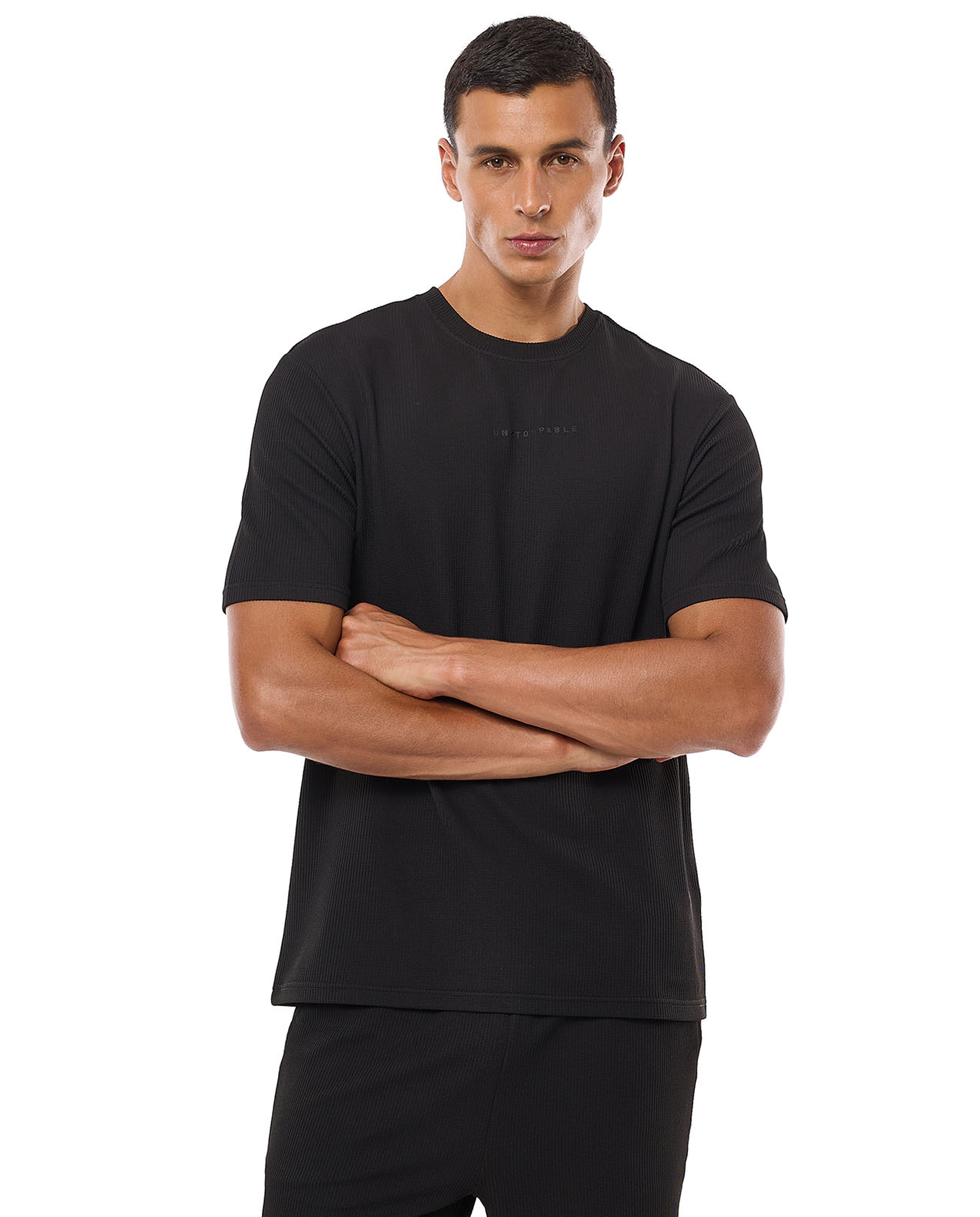 Waffle Textured T-Shirt with Crew Neck and Short Sleeves