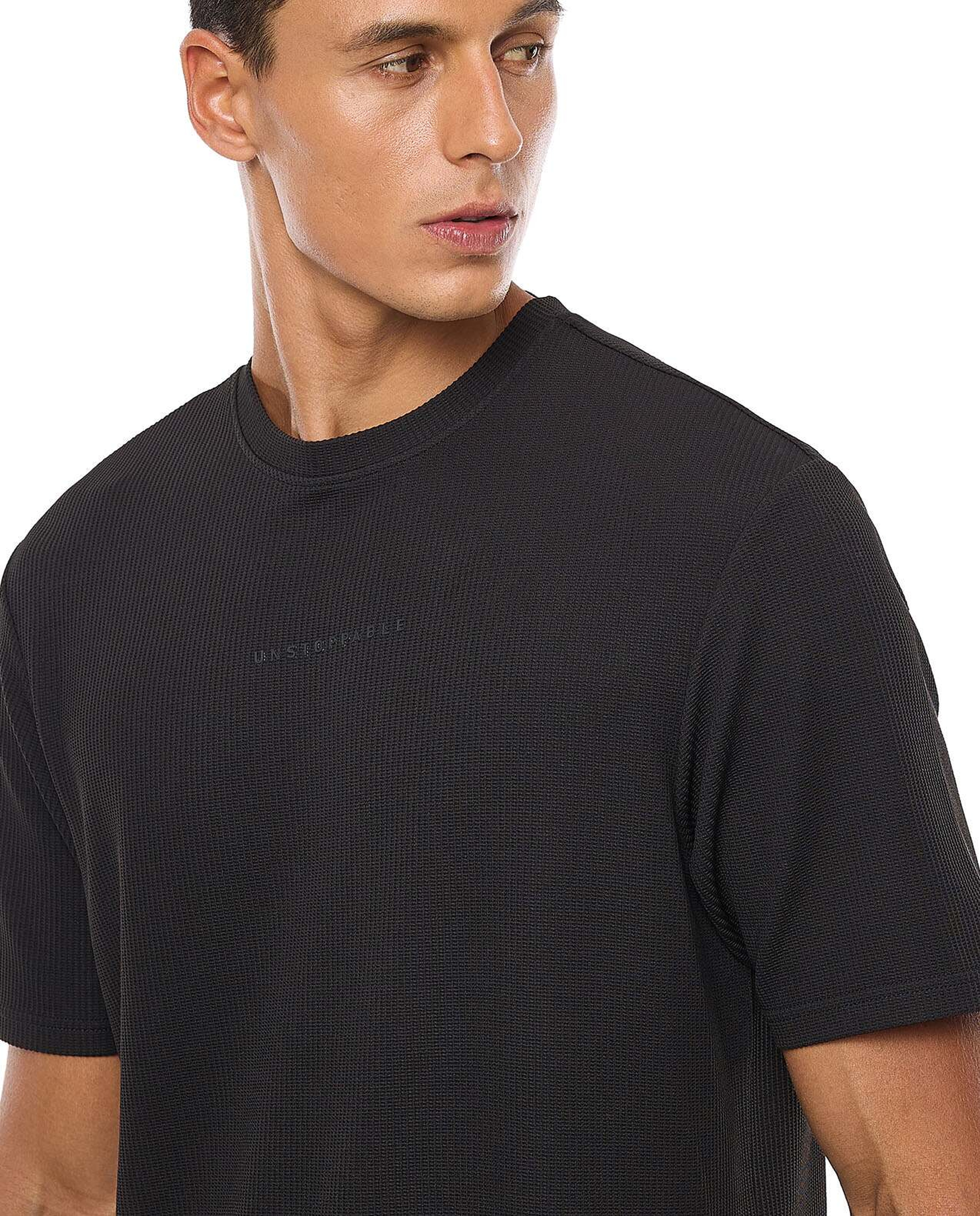 Waffle Textured T-Shirt with Crew Neck and Short Sleeves