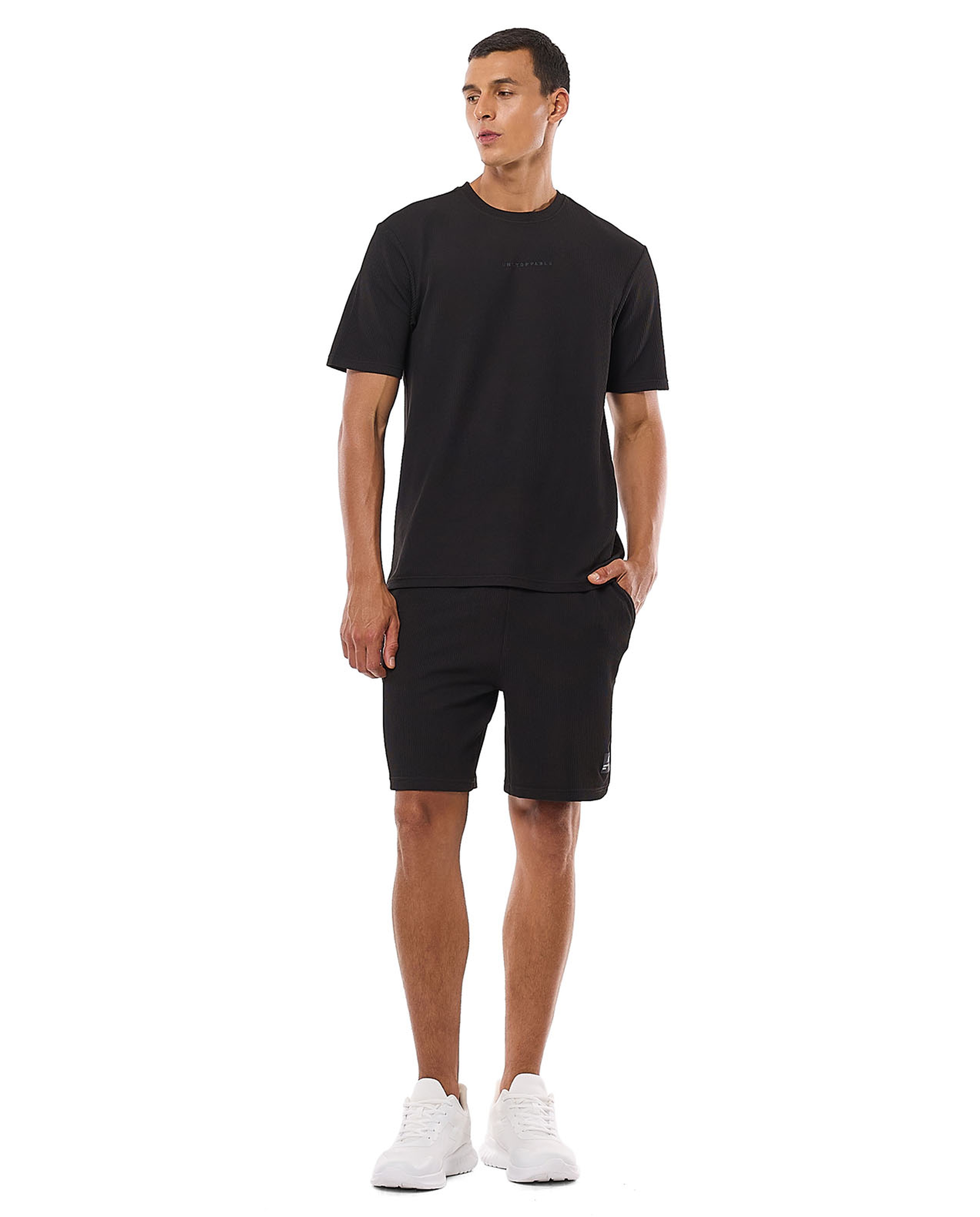 Waffle Textured T-Shirt with Crew Neck and Short Sleeves