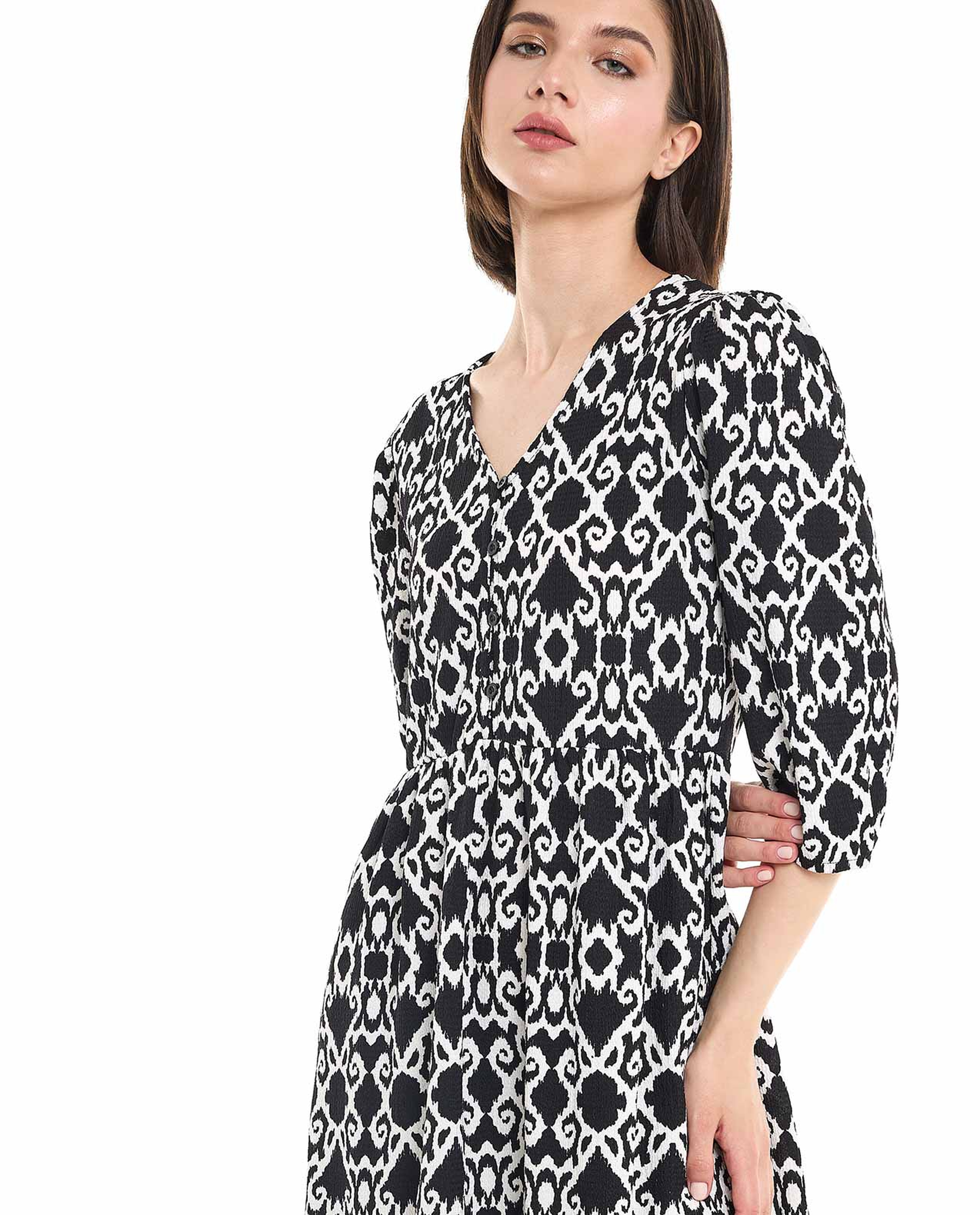 Printed Midi Dress with V-Neck and 3/4 Sleeves