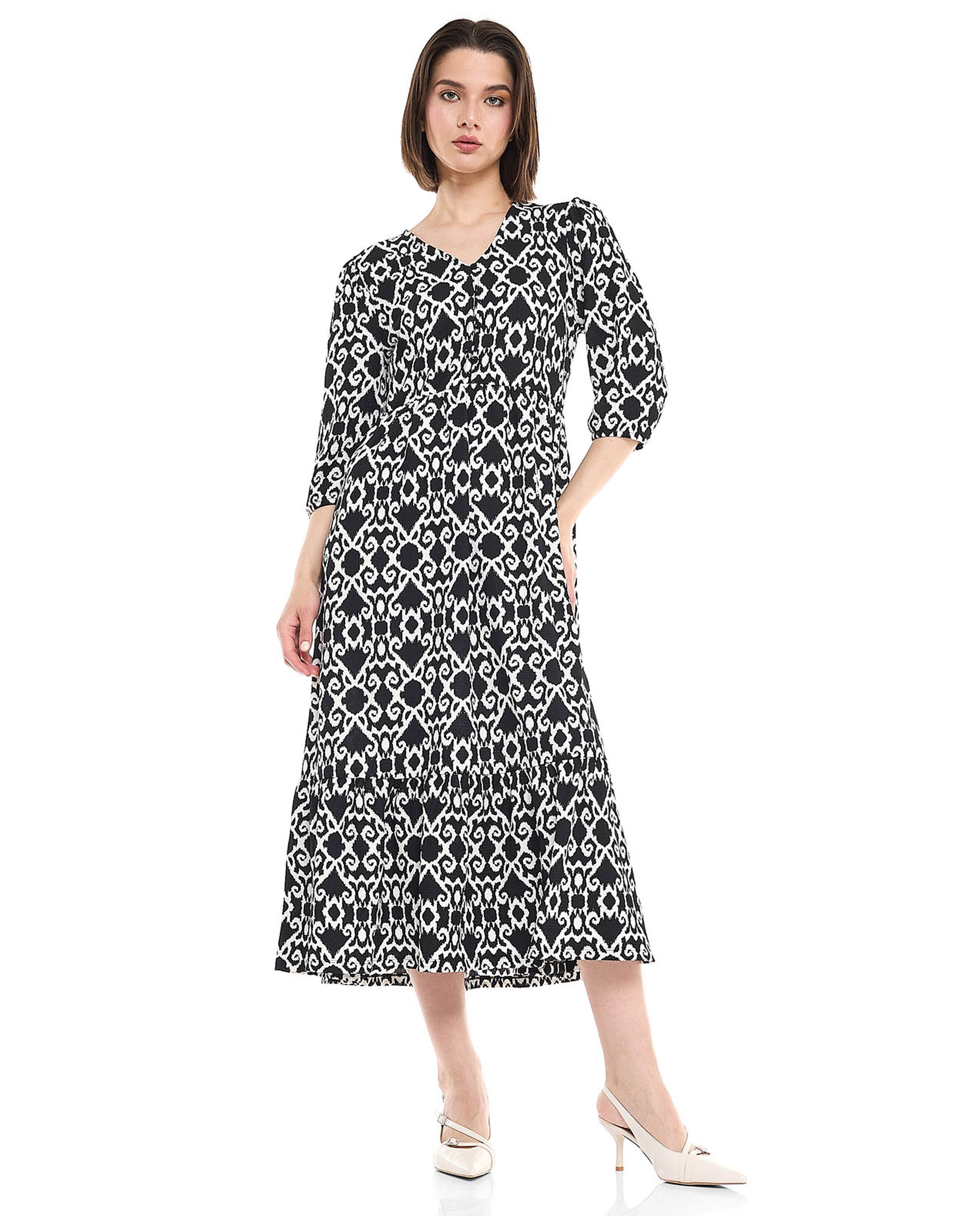 Printed Midi Dress with V-Neck and 3/4 Sleeves