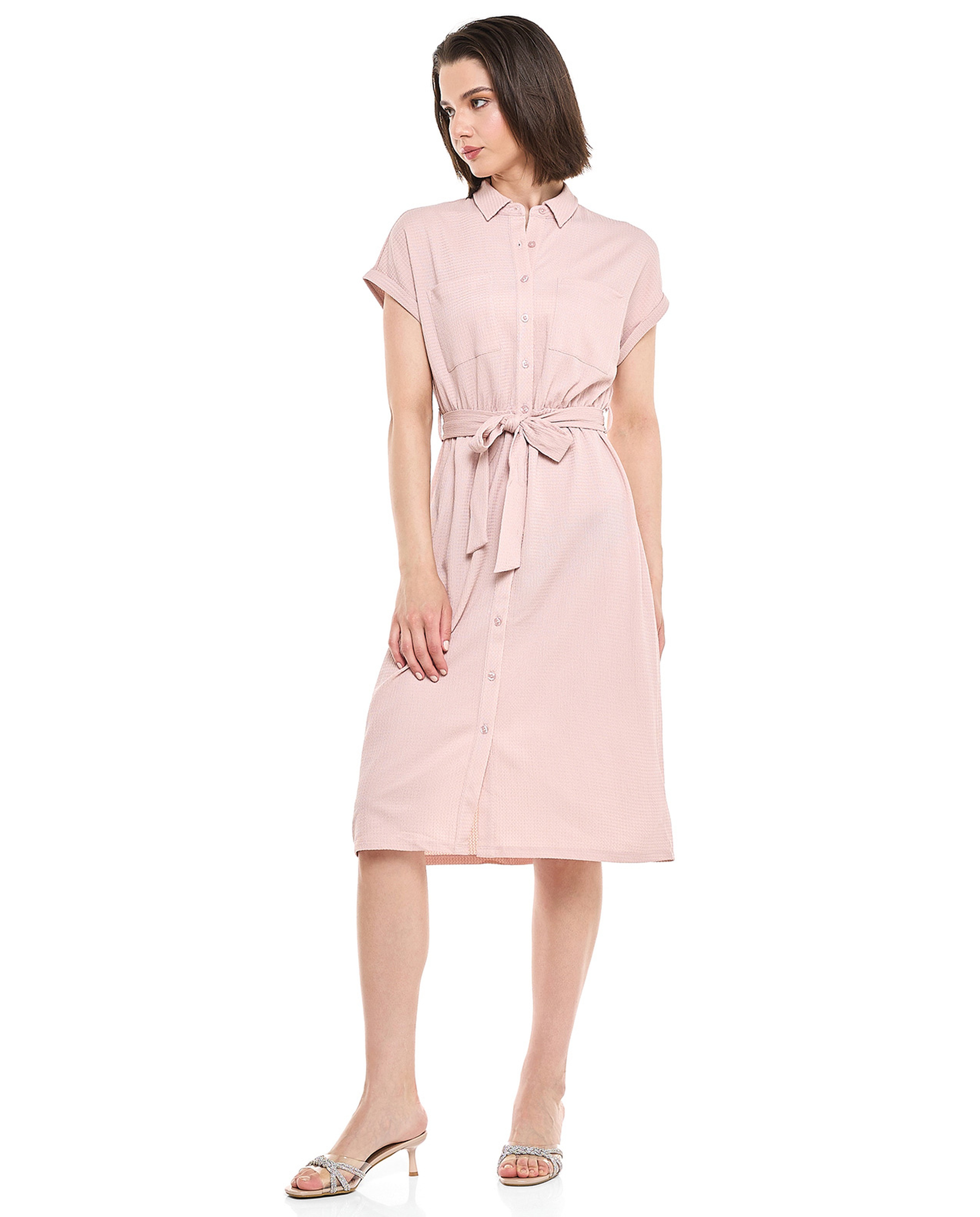 Belted Shirt Dress with Classic Collar and Short Sleeves
