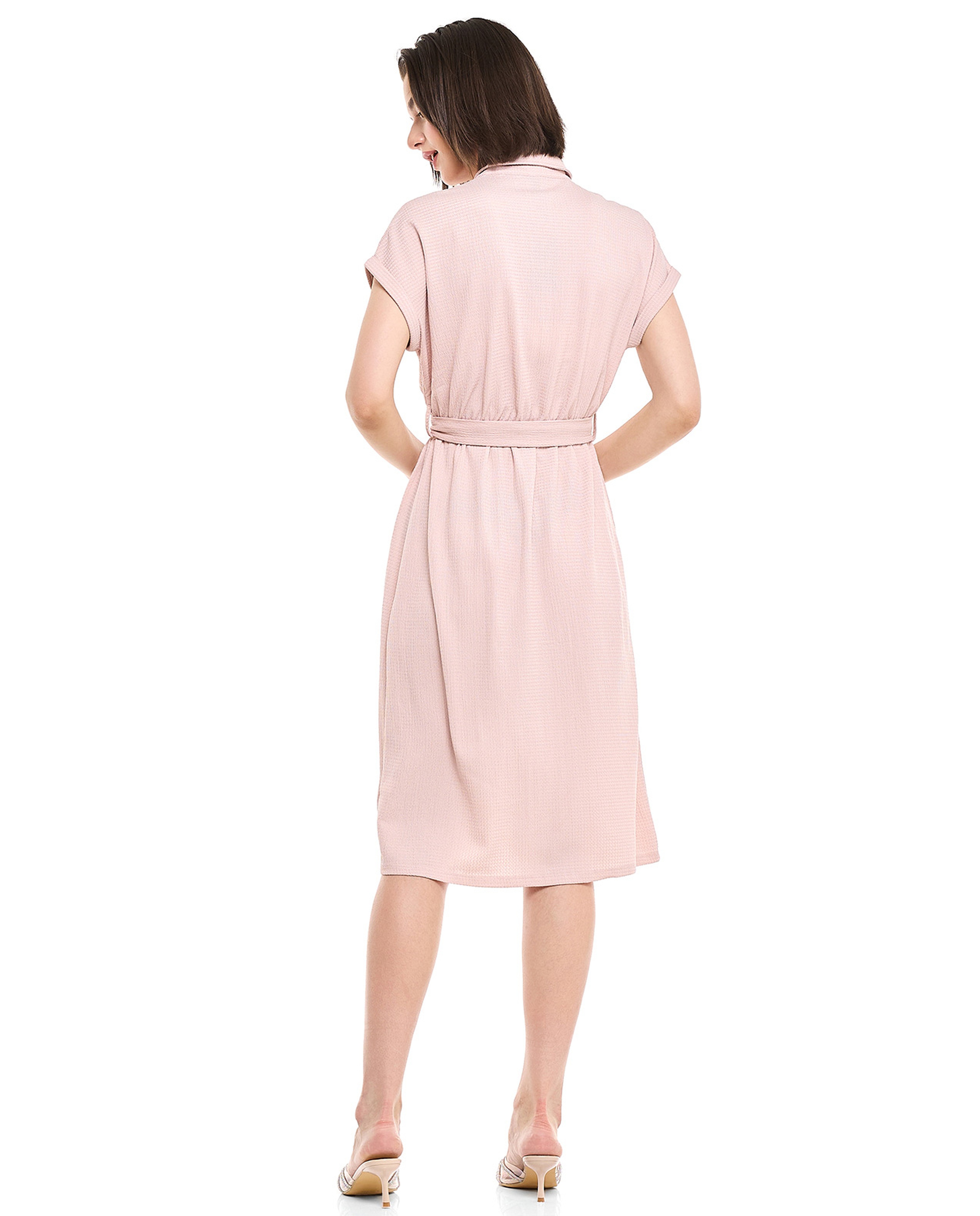 Belted Shirt Dress with Classic Collar and Short Sleeves