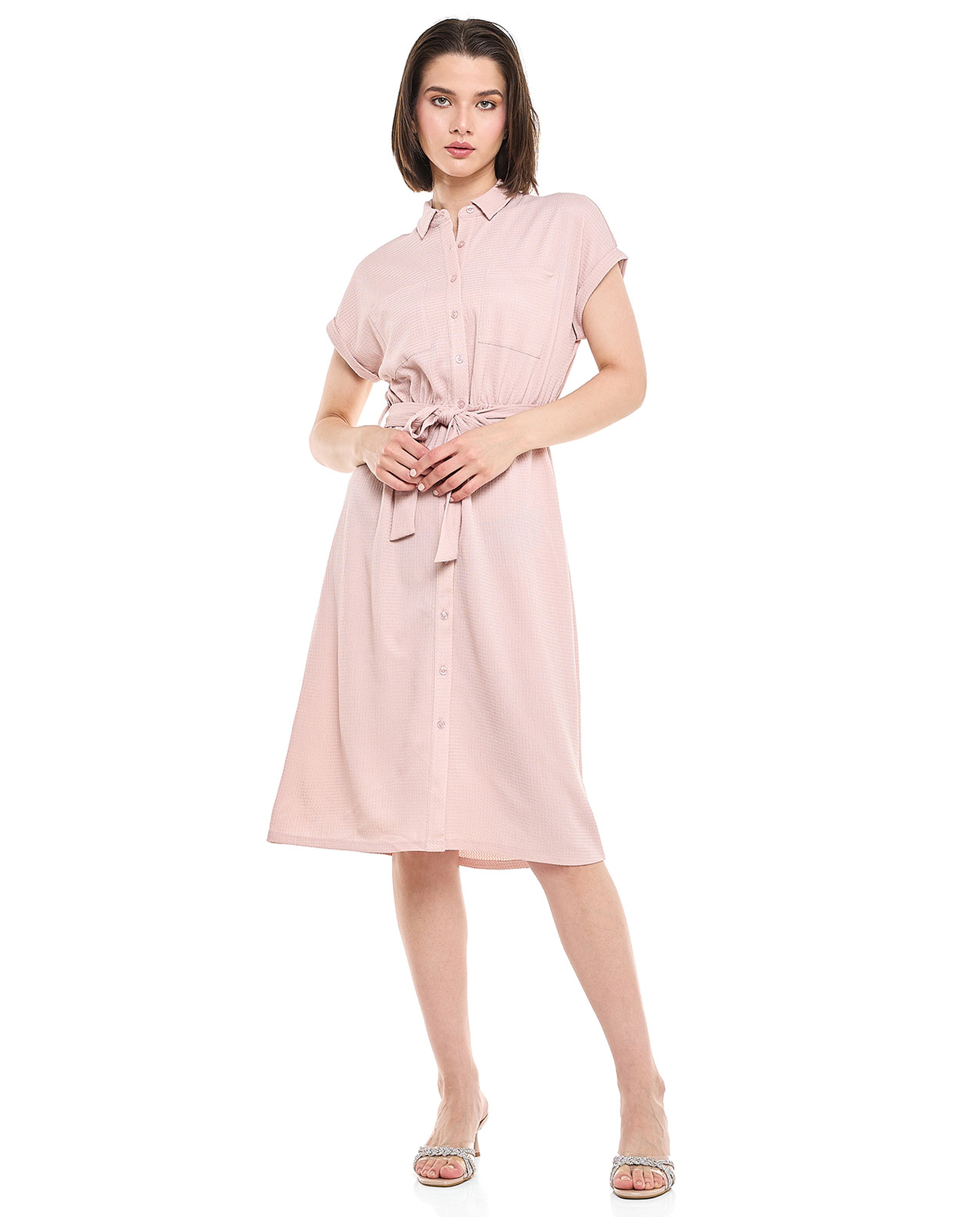 Belted Shirt Dress with Classic Collar and Short Sleeves