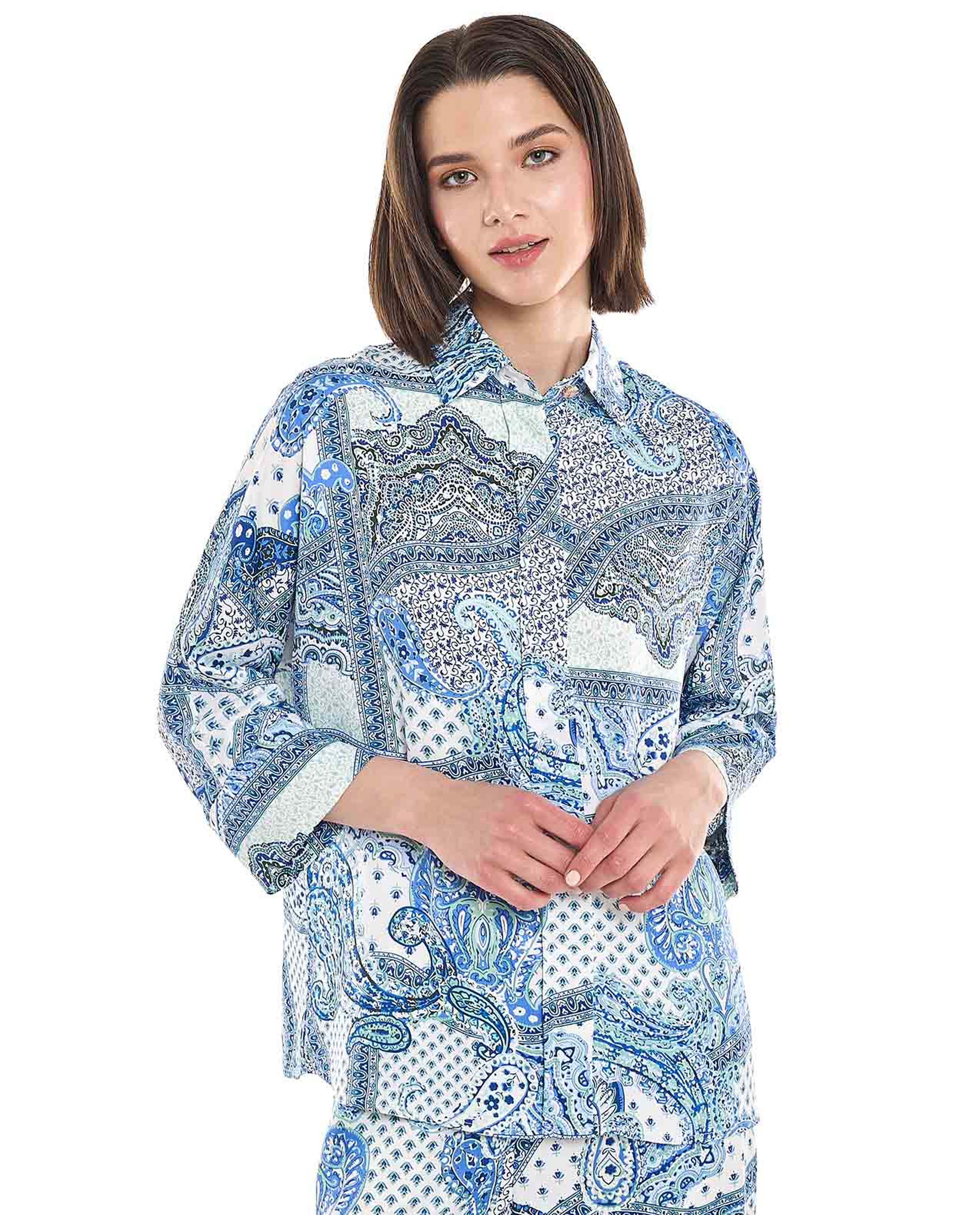 Patterned Shirt with Classic Collar and 3/4 Sleeves