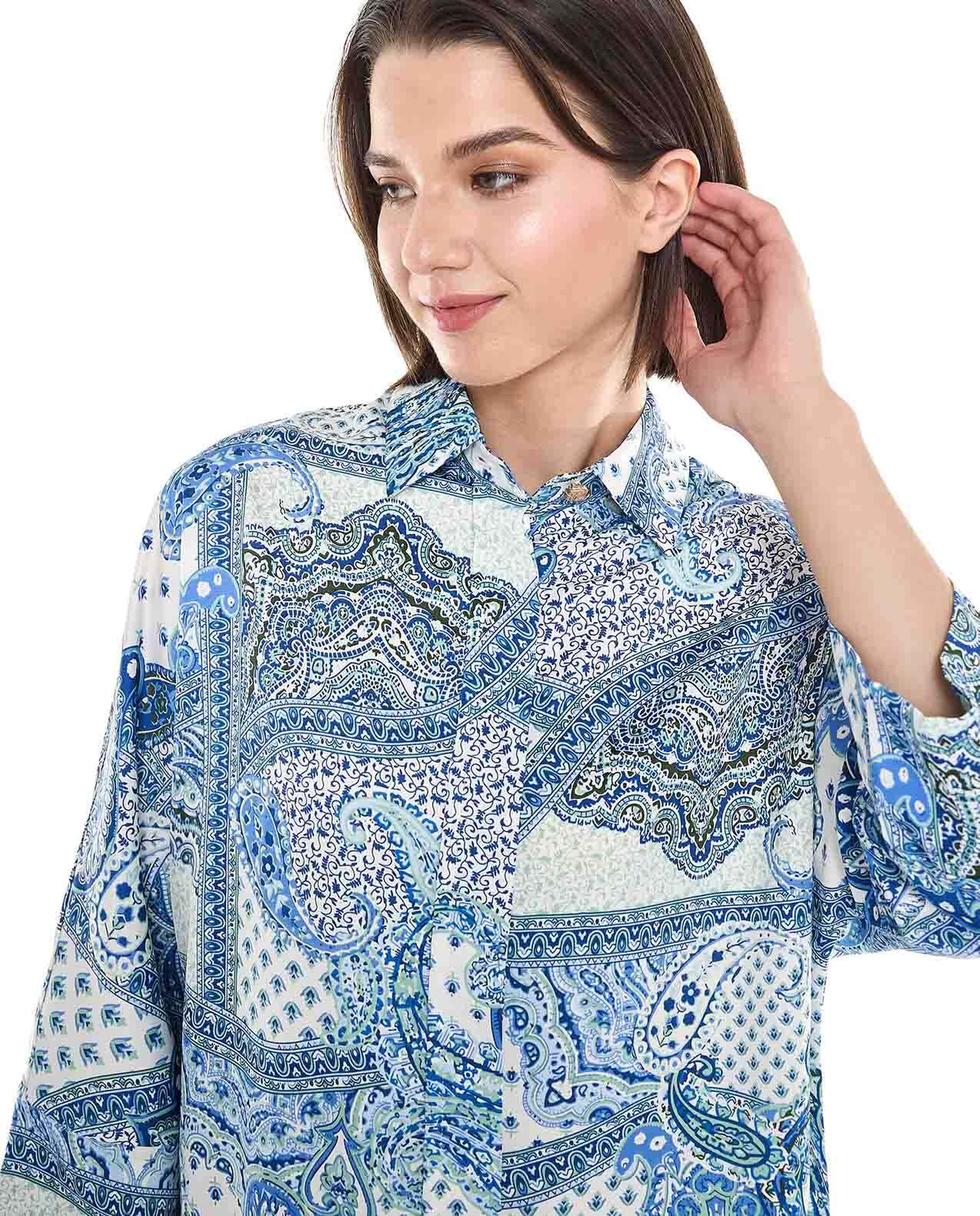 Patterned Shirt with Classic Collar and 3/4 Sleeves