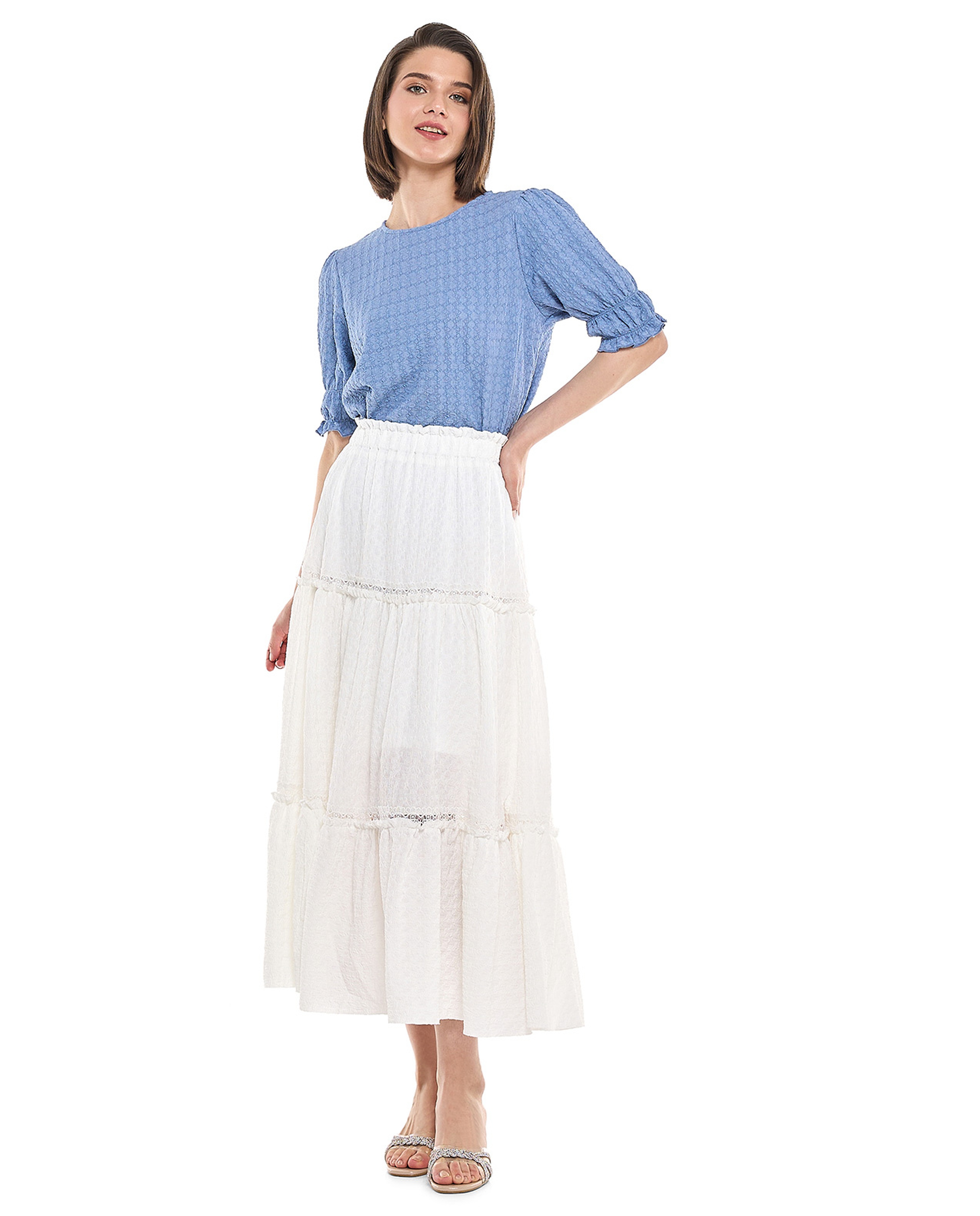 Textured Top with Crew Neck and Short Sleeves