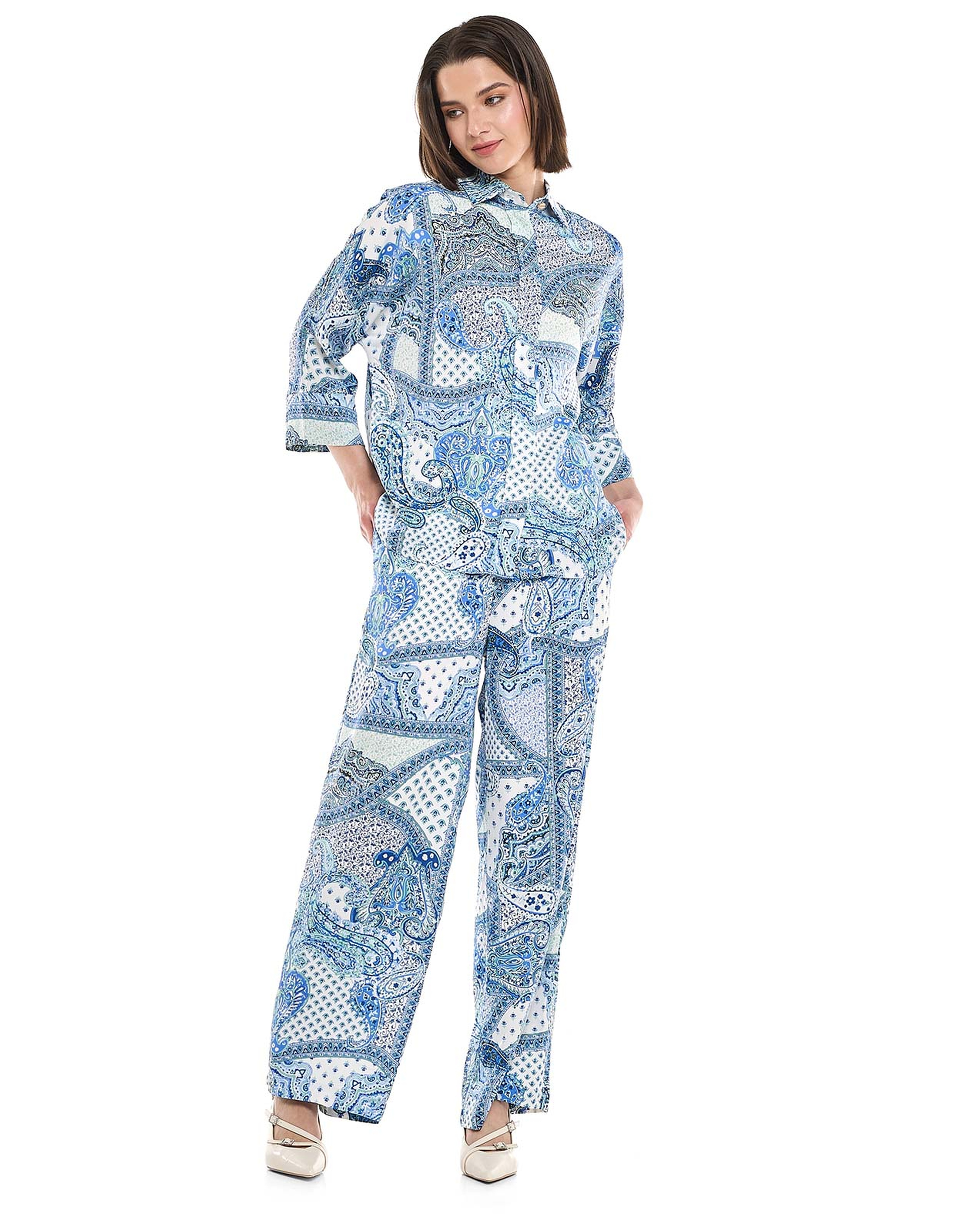 Patterned Shirt with Classic Collar and 3/4 Sleeves