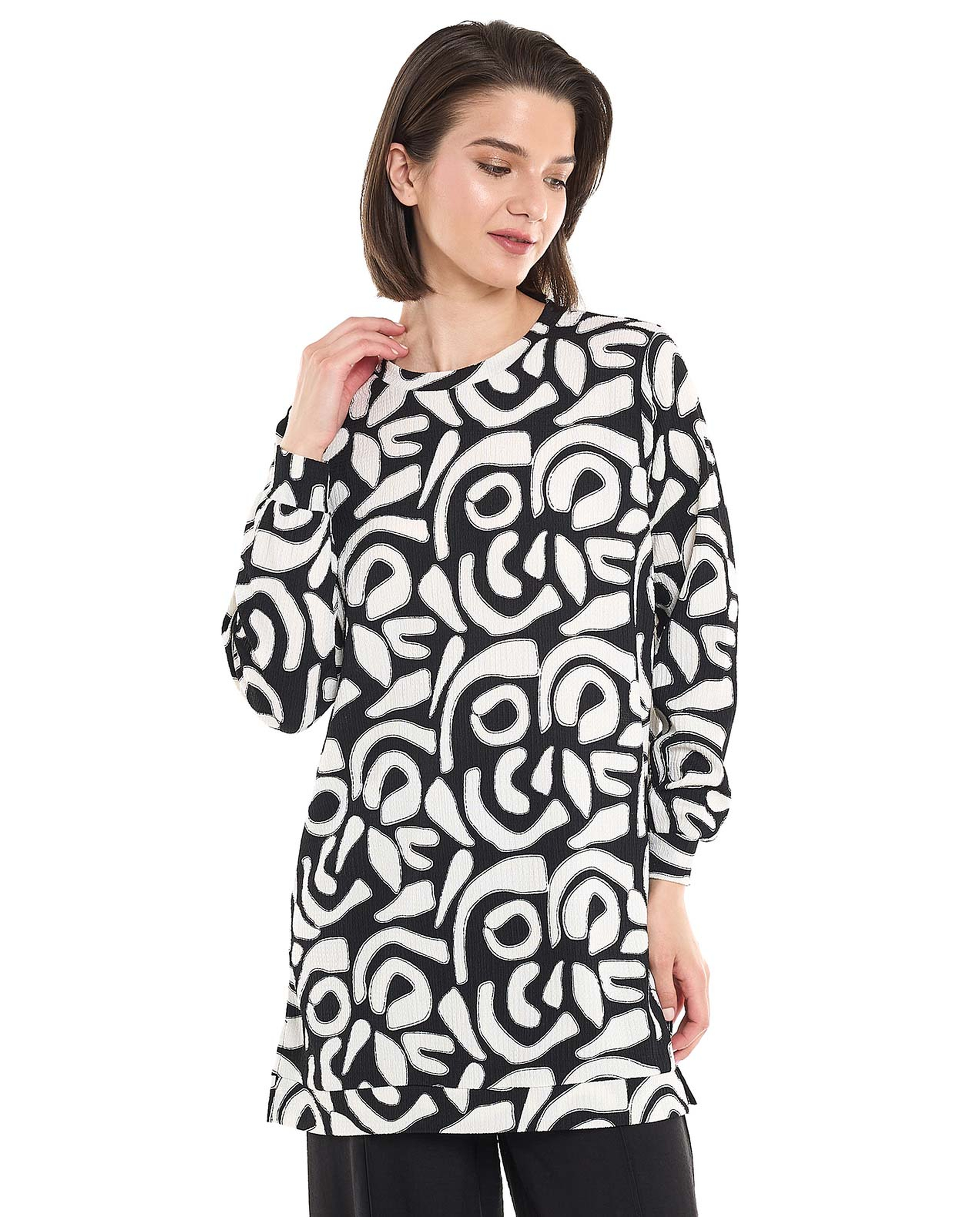 Patterned Tunic with Crew Neck and Long Sleeves
