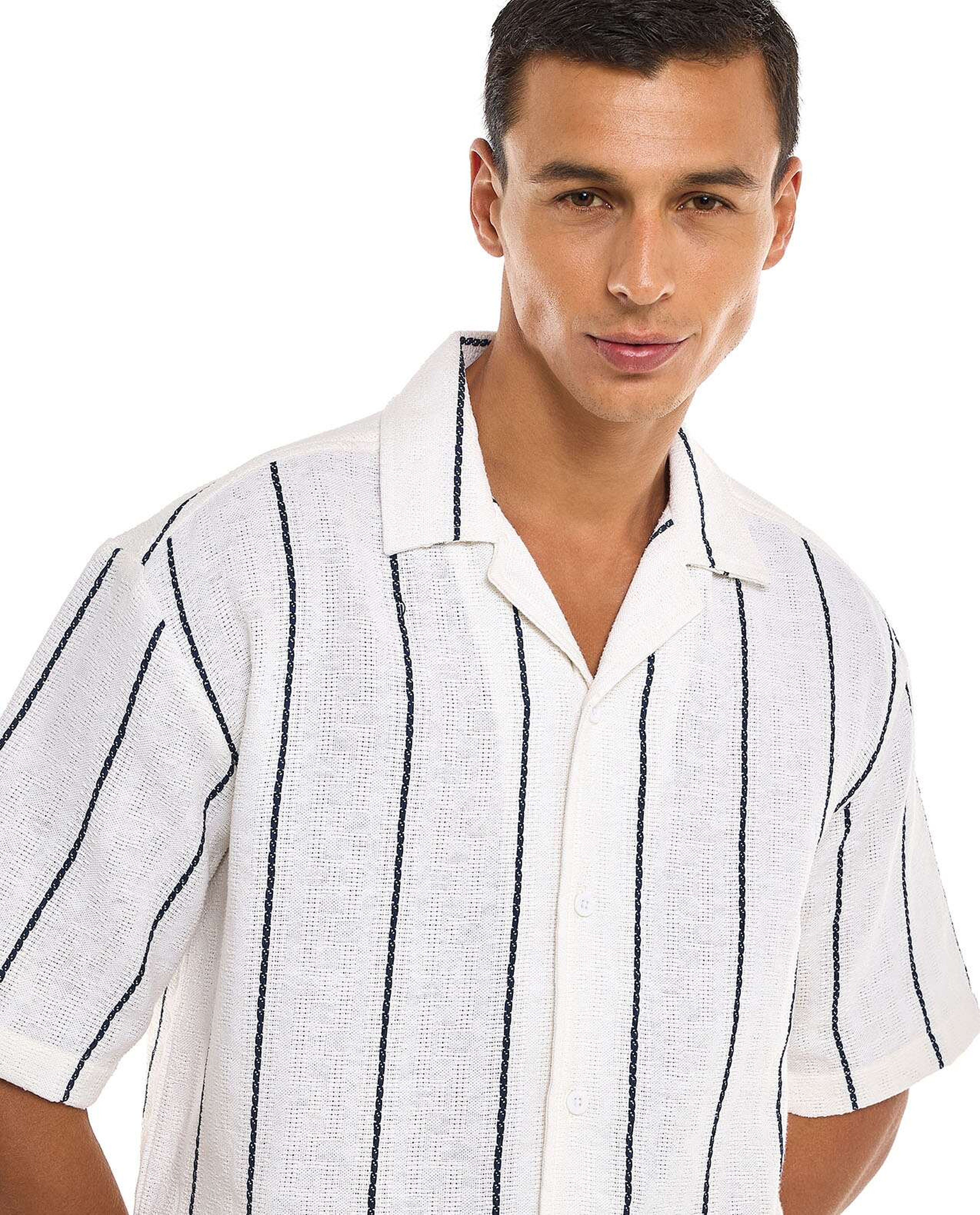 Striped Shirt with Revere Collar and Short Sleeves