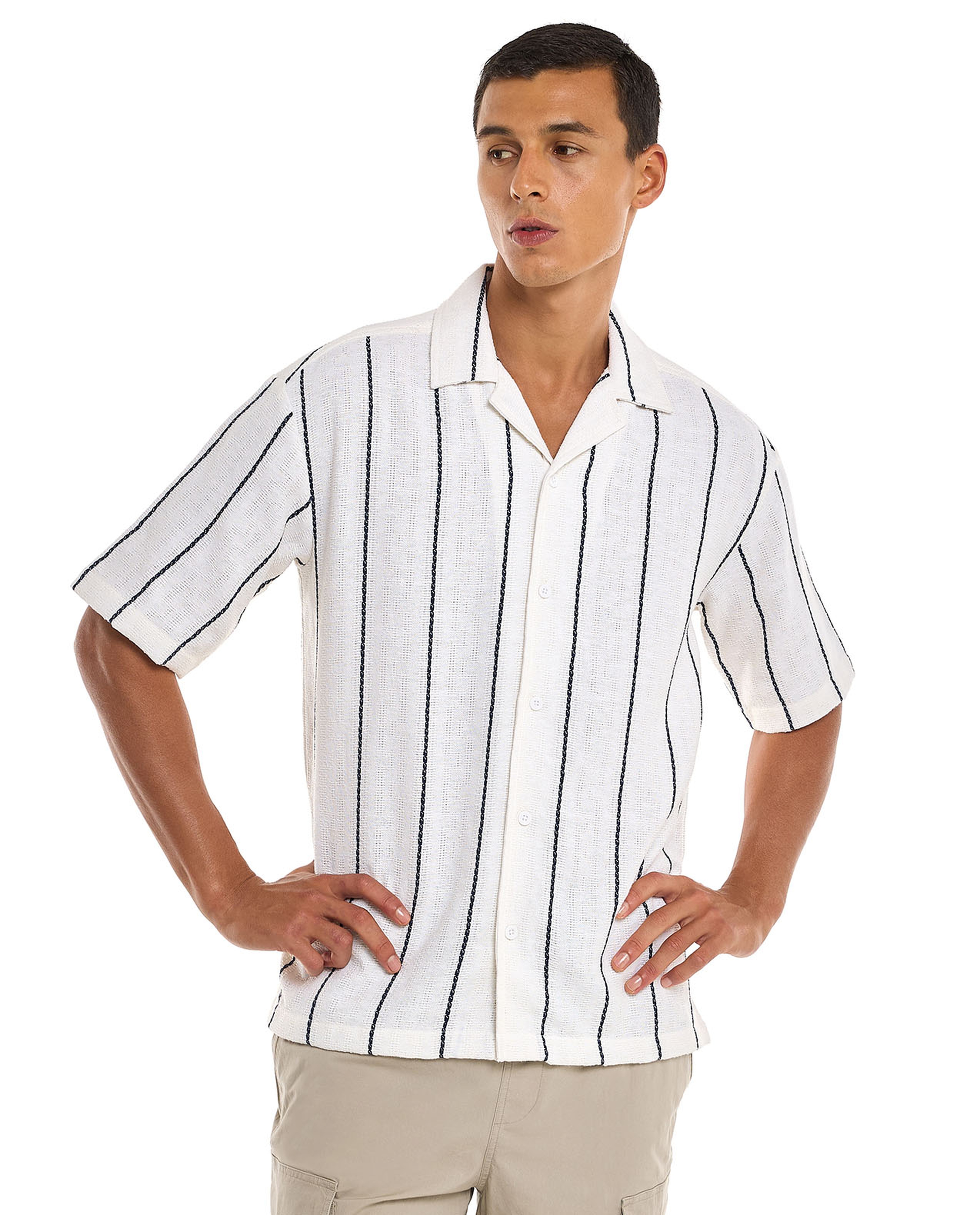 Striped Shirt with Revere Collar and Short Sleeves