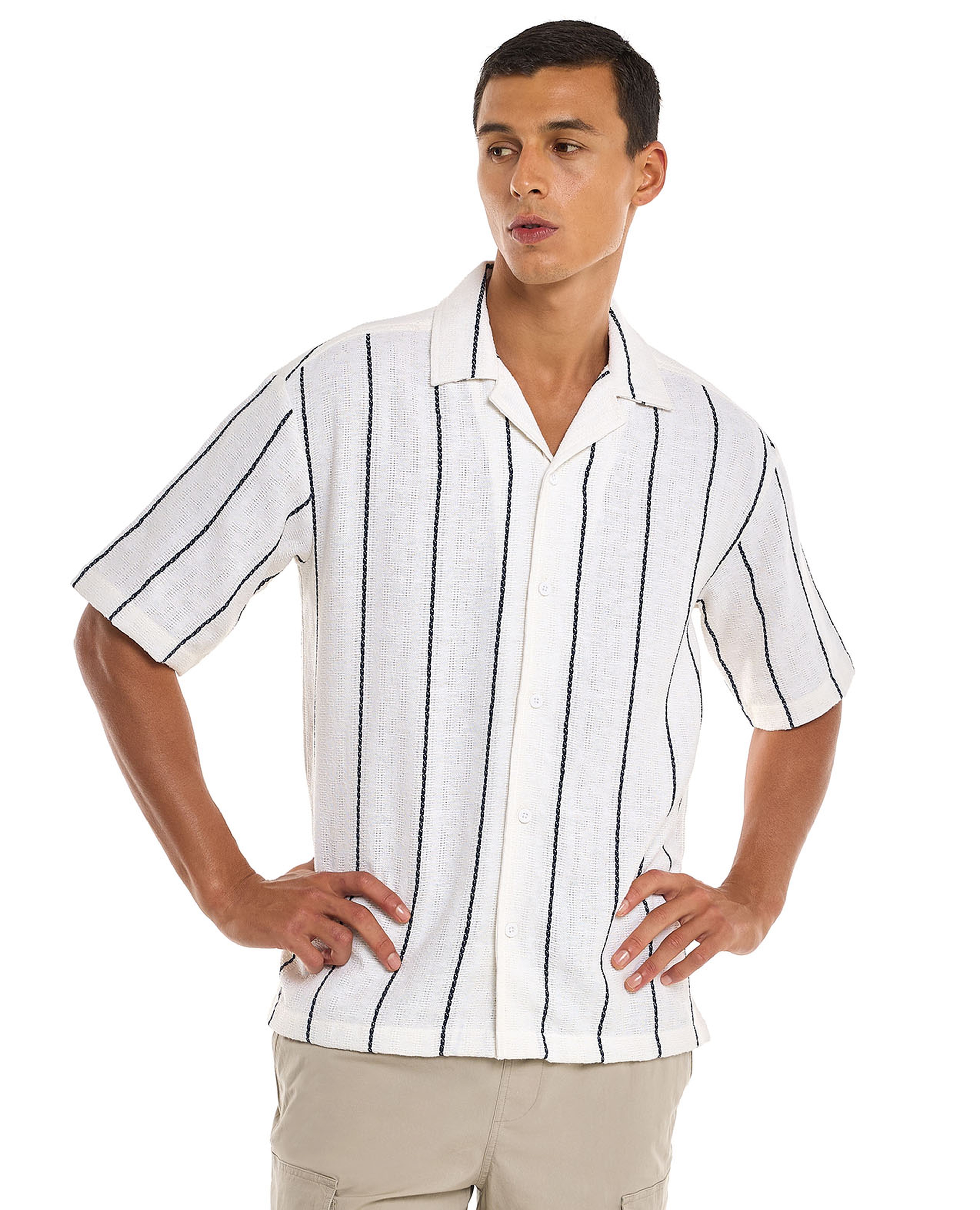 Striped Shirt with Revere Collar and Short Sleeves