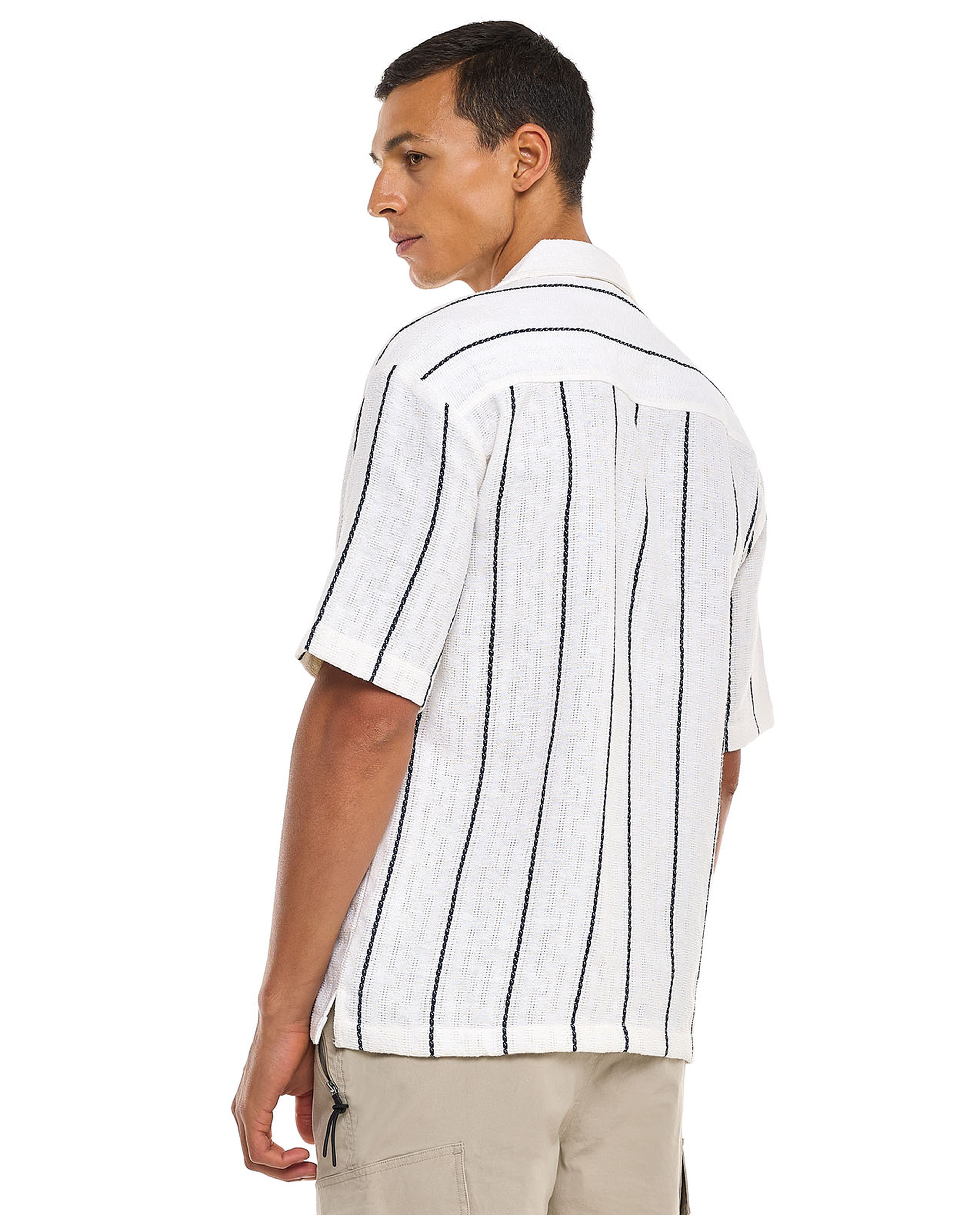 Striped Shirt with Revere Collar and Short Sleeves