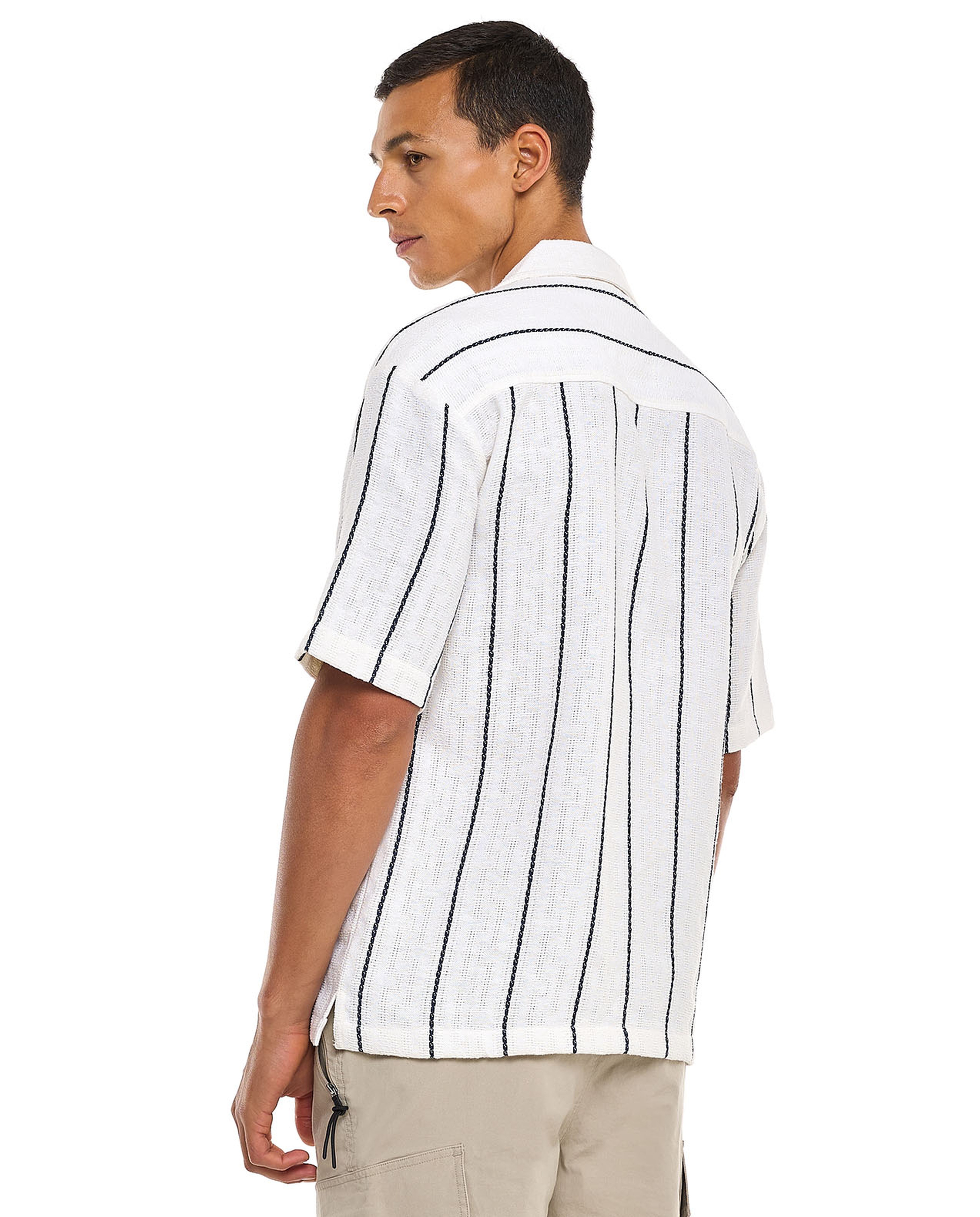 Striped Shirt with Revere Collar and Short Sleeves