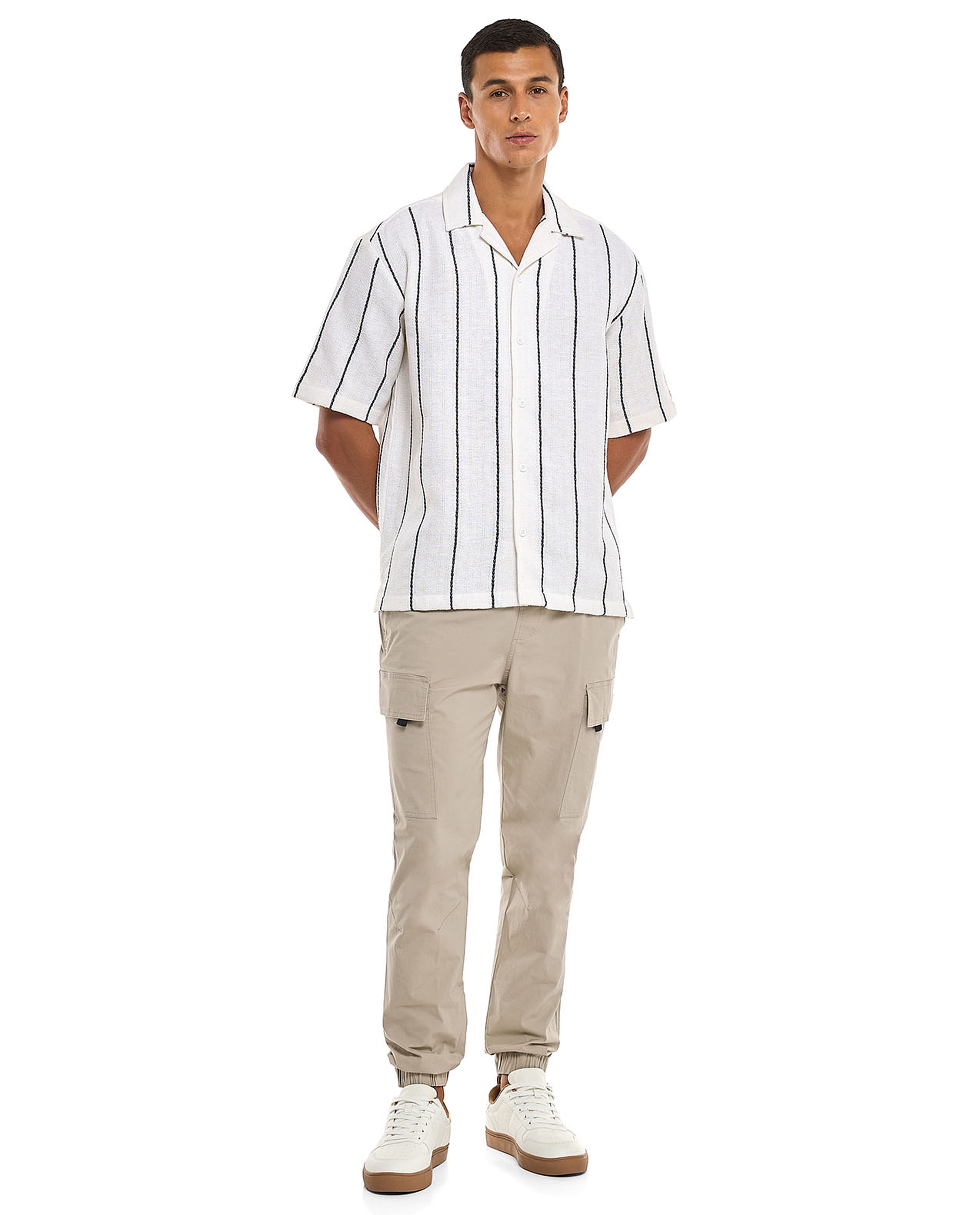 Striped Shirt with Revere Collar and Short Sleeves