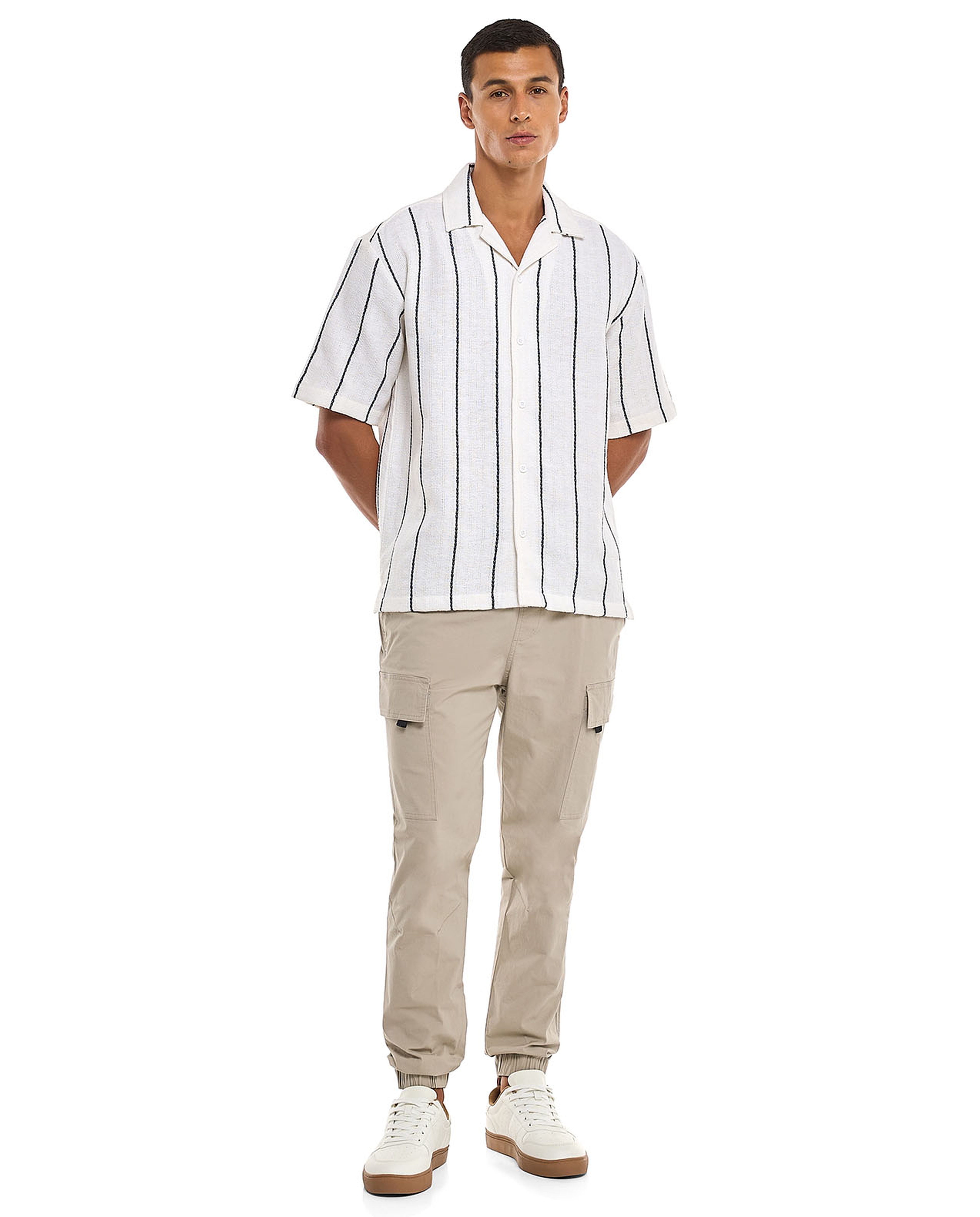 Striped Shirt with Revere Collar and Short Sleeves