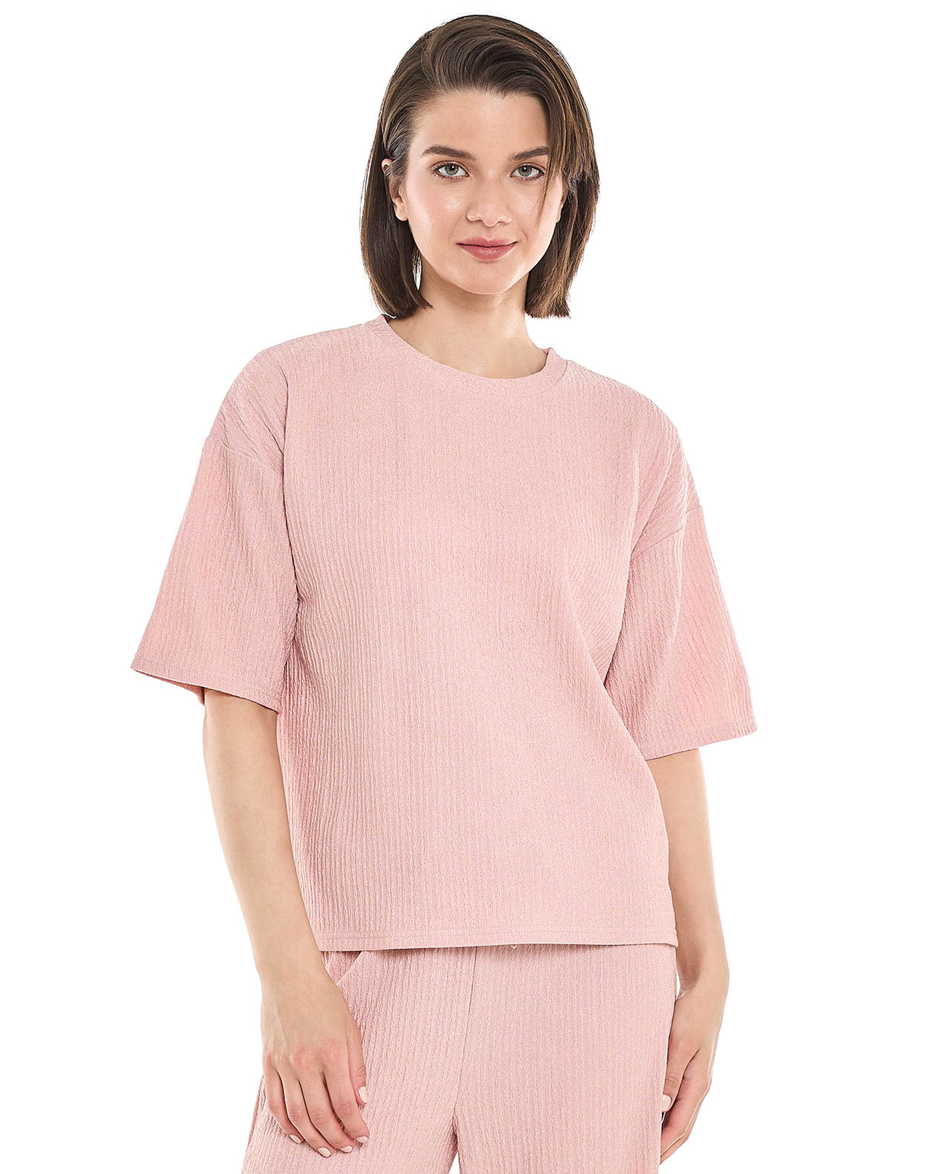 Textured Top with Crew Neck and Short Sleeves