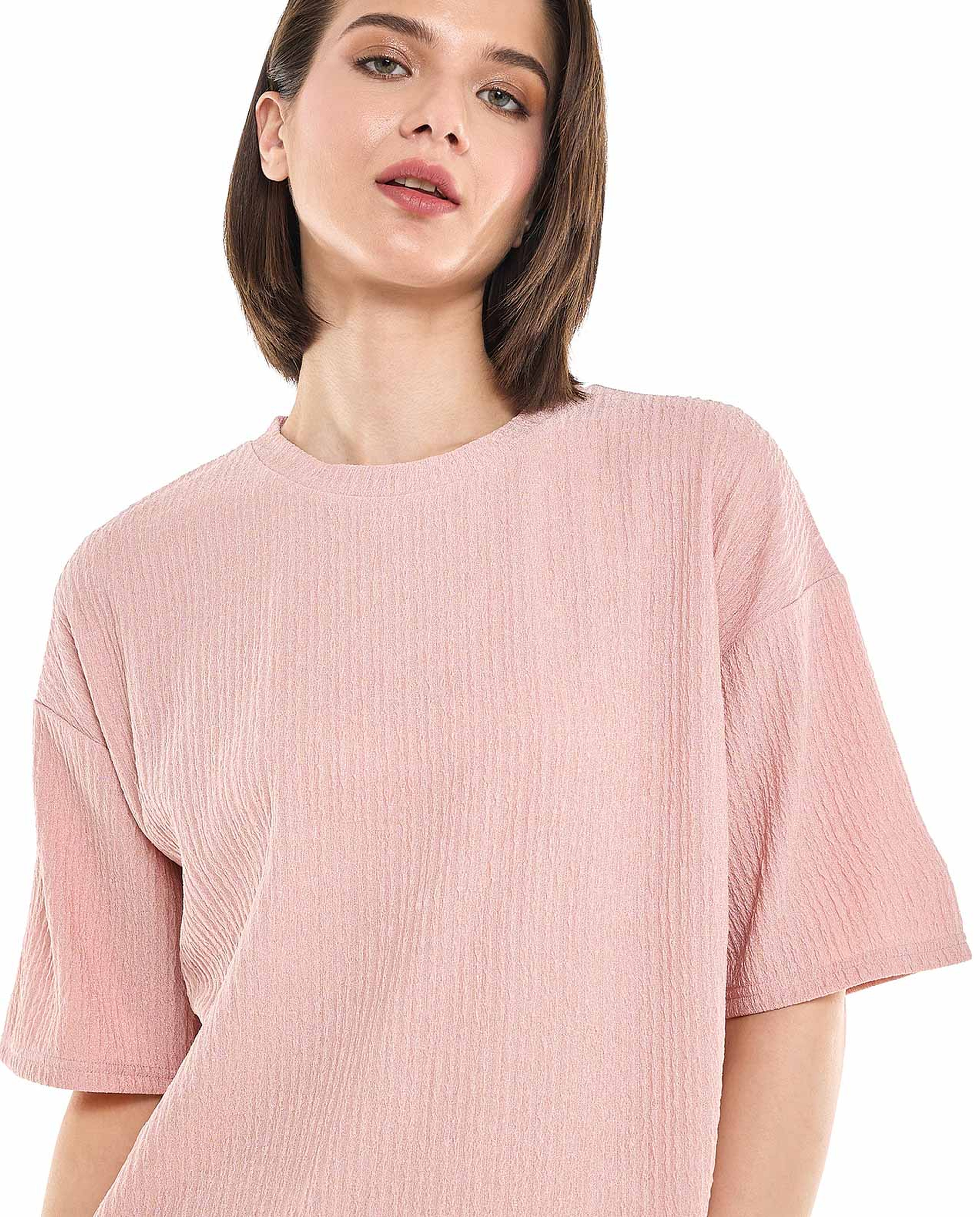 Textured Top with Crew Neck and Short Sleeves