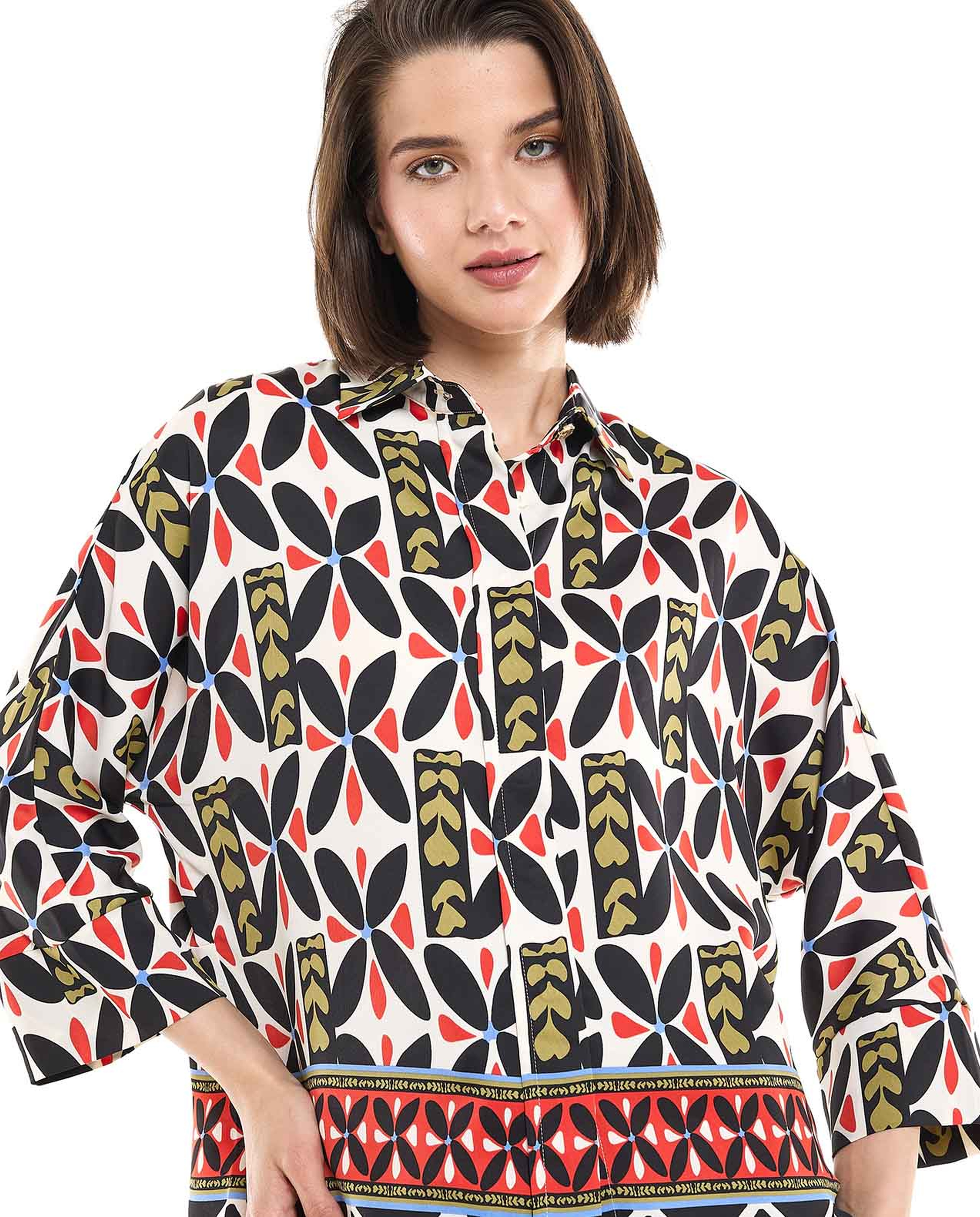 Patterned Shirt with Classic Collar and 3/4 Sleeves