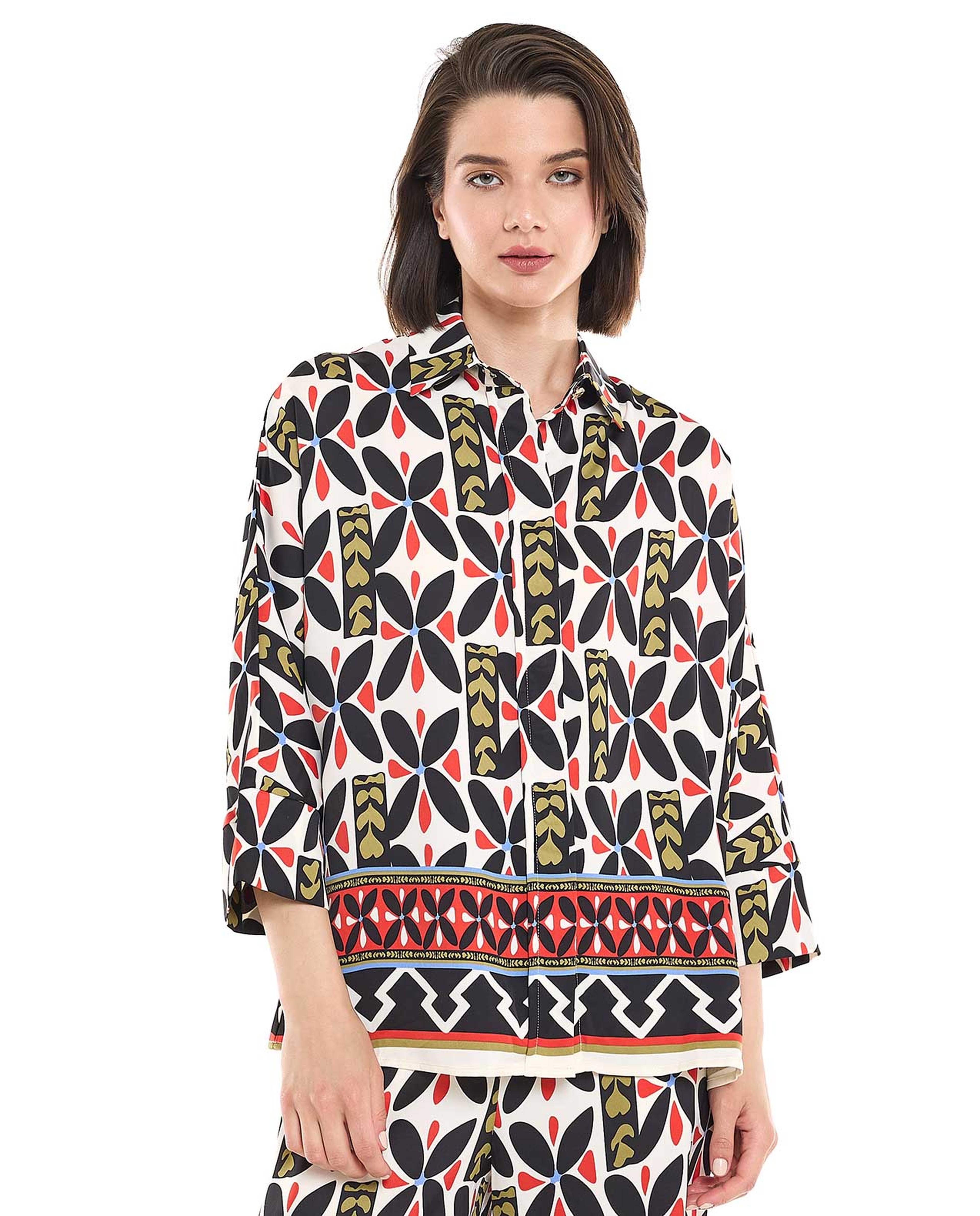 Patterned Shirt with Classic Collar and 3/4 Sleeves