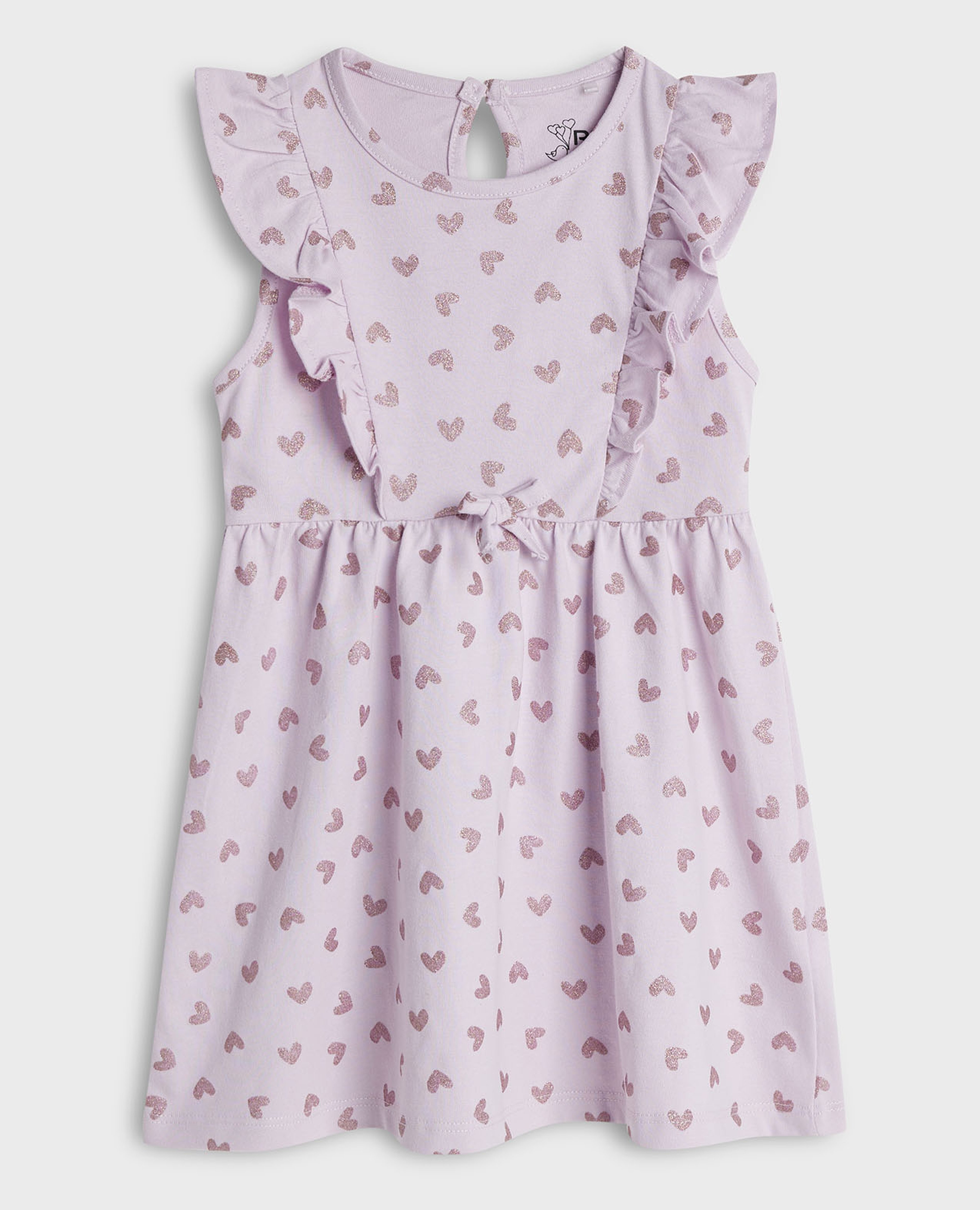 فستان بطبعة بياقة مستديرة وأكمام بكشكش