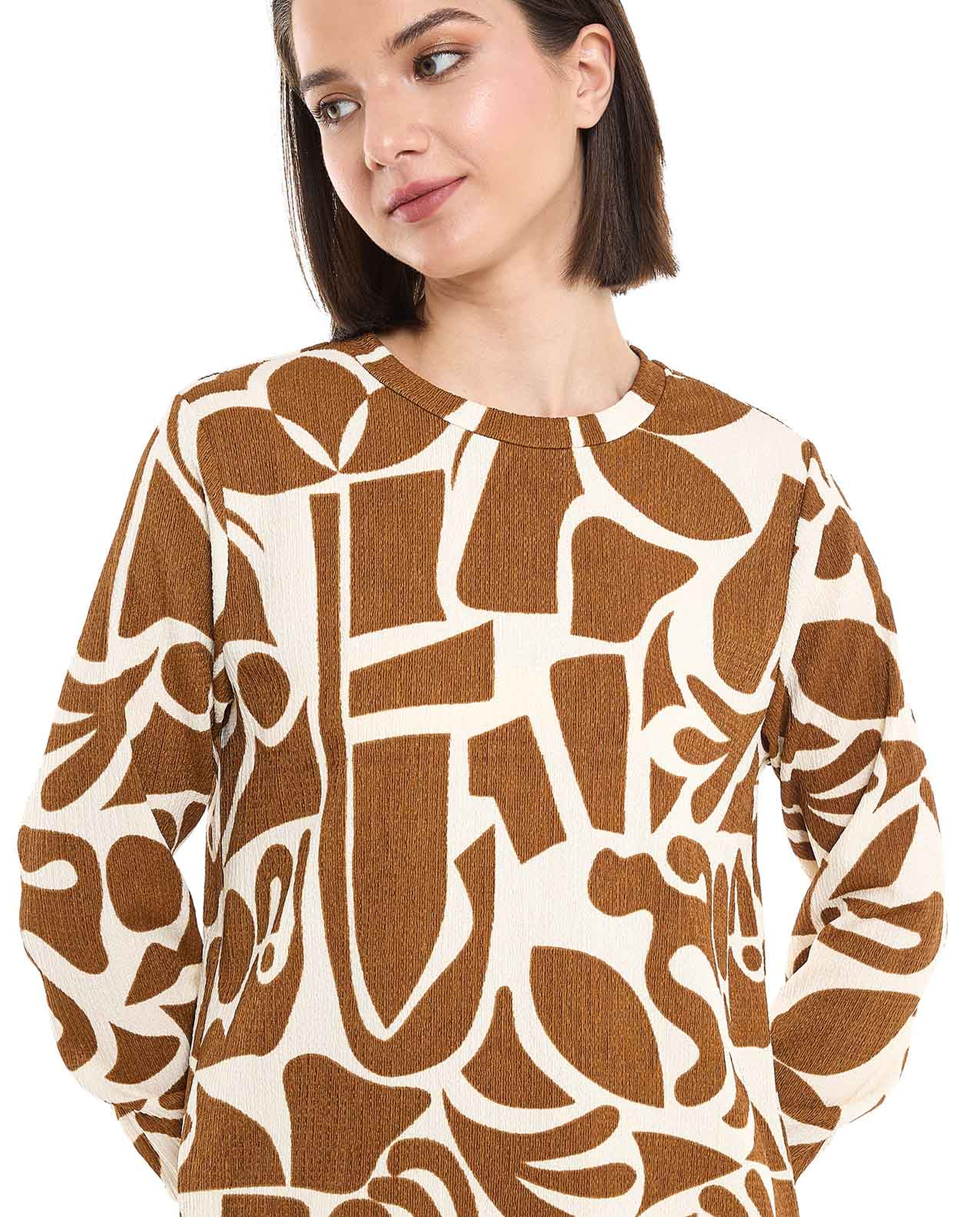 Patterned Tunic with Crew Neck and Long Sleeves