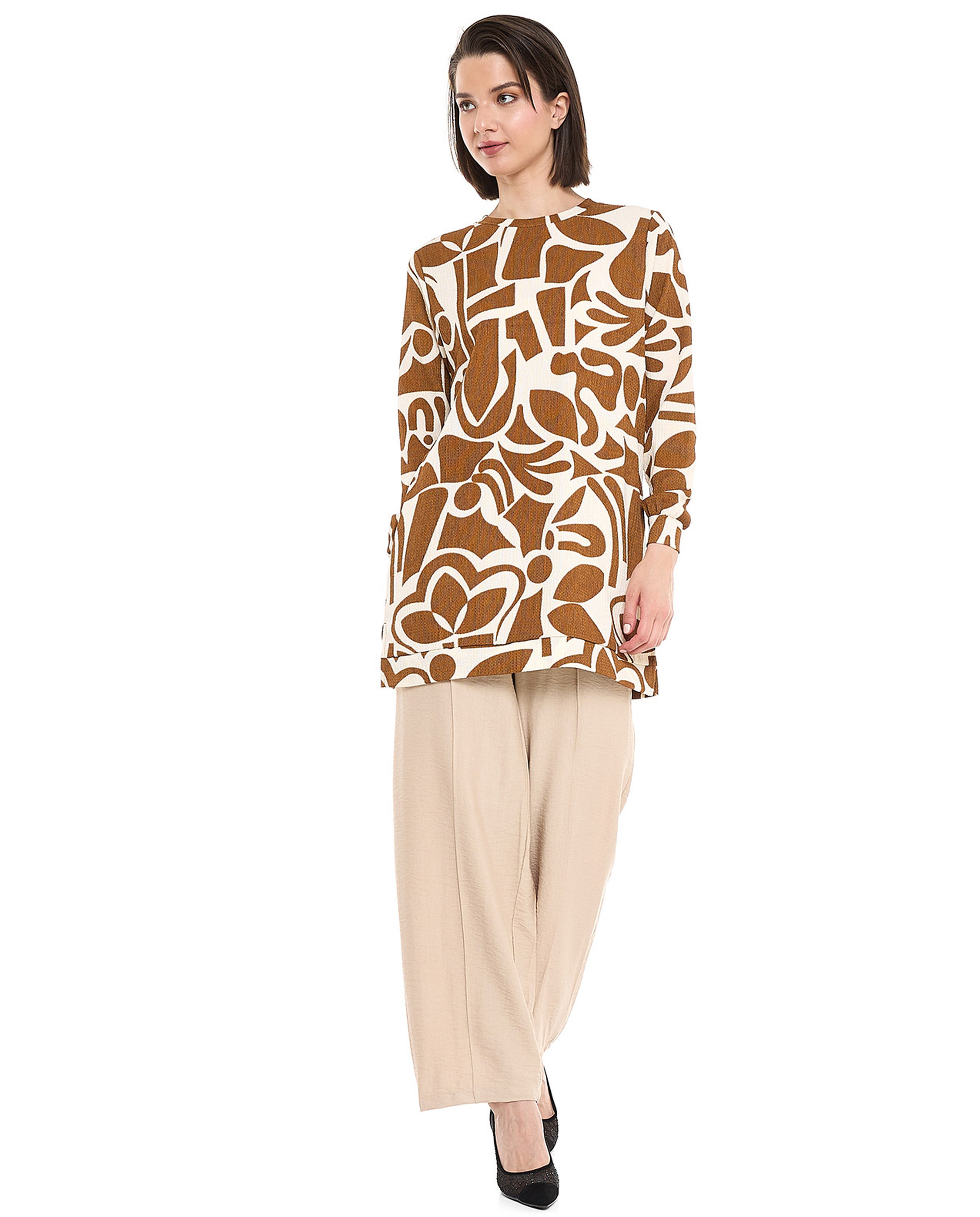 Patterned Tunic with Crew Neck and Long Sleeves