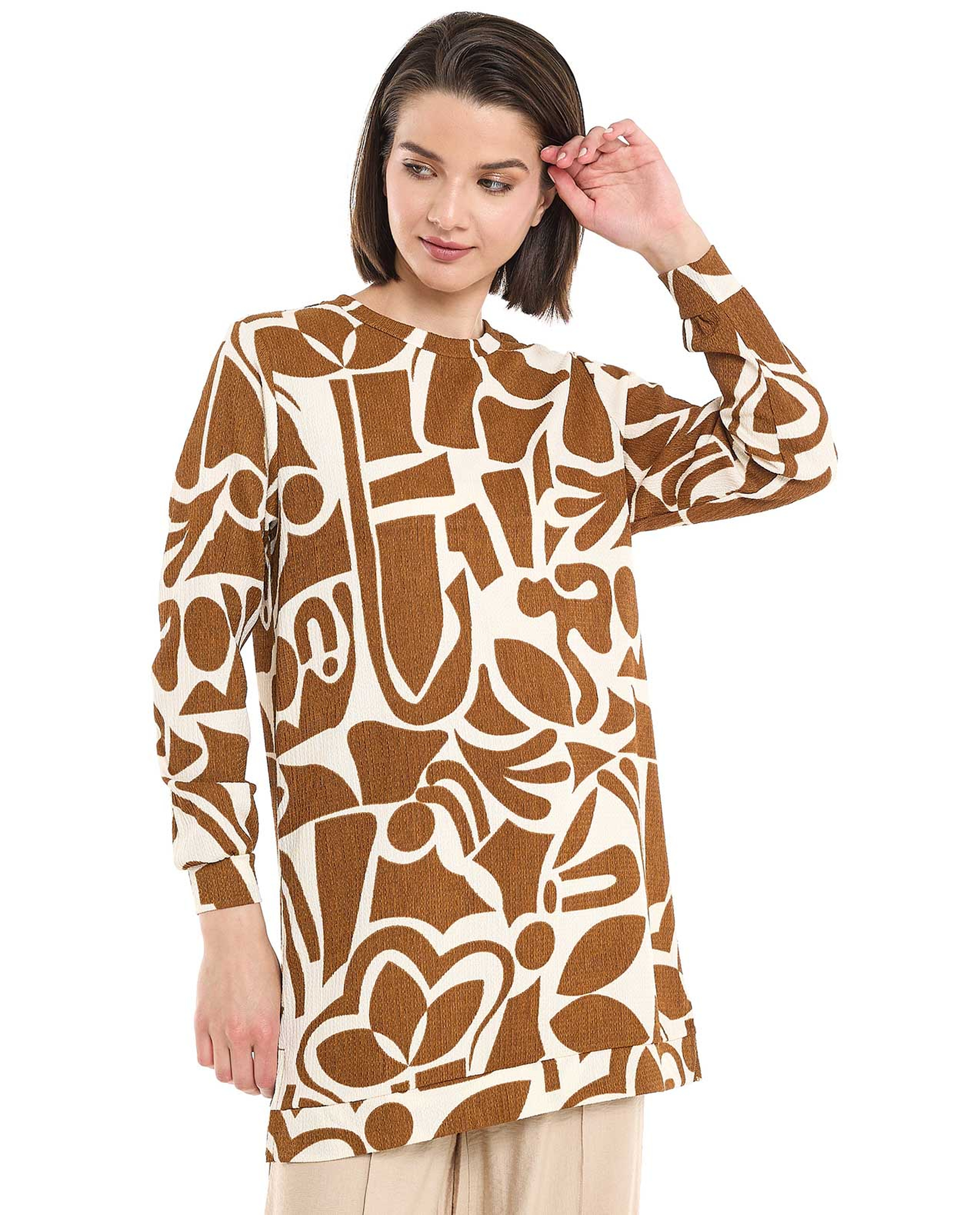 Patterned Tunic with Crew Neck and Long Sleeves