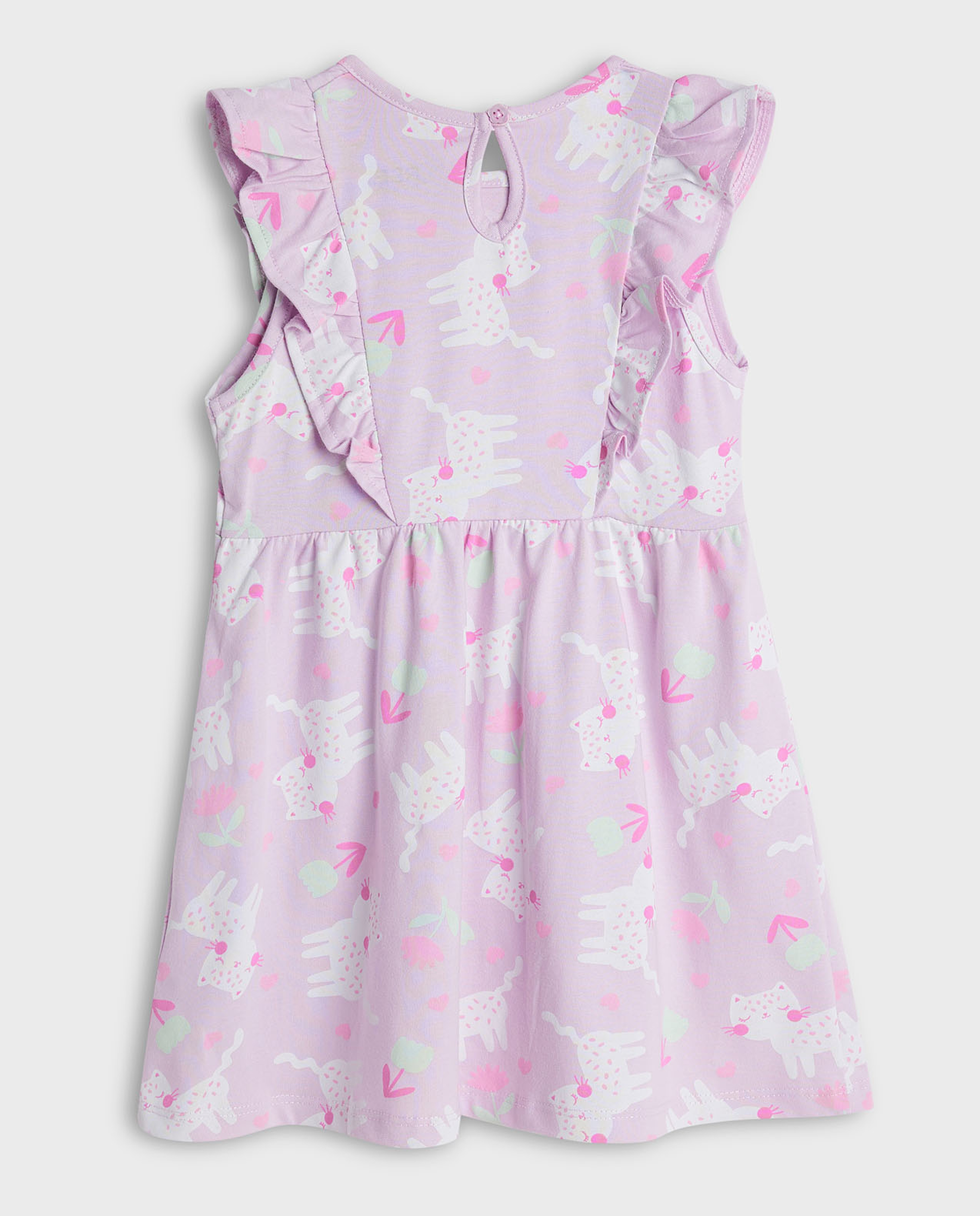 Printed Dress with Crew Neck and Ruffle Sleeves