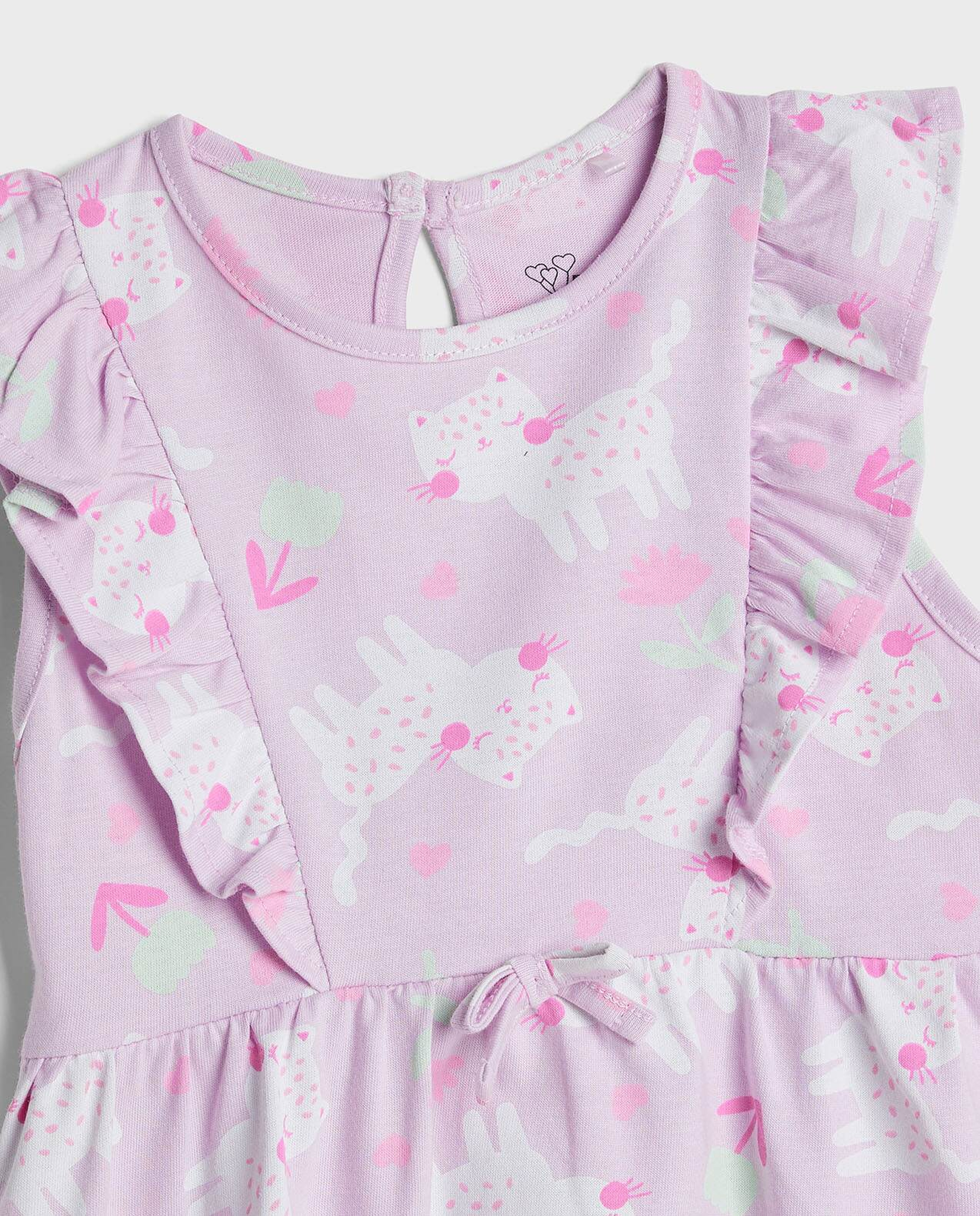 Printed Dress with Crew Neck and Ruffle Sleeves