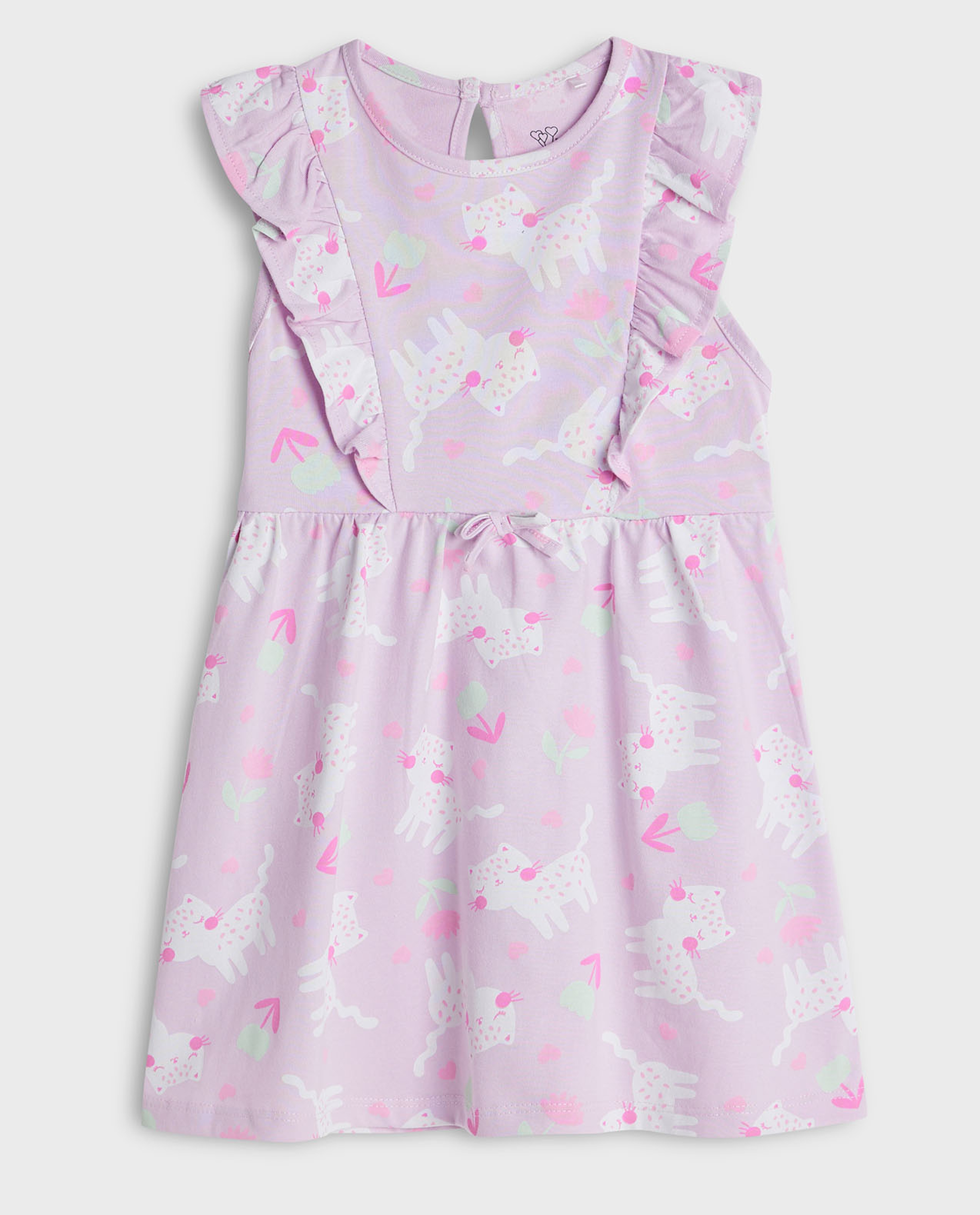 Printed Dress with Crew Neck and Ruffle Sleeves