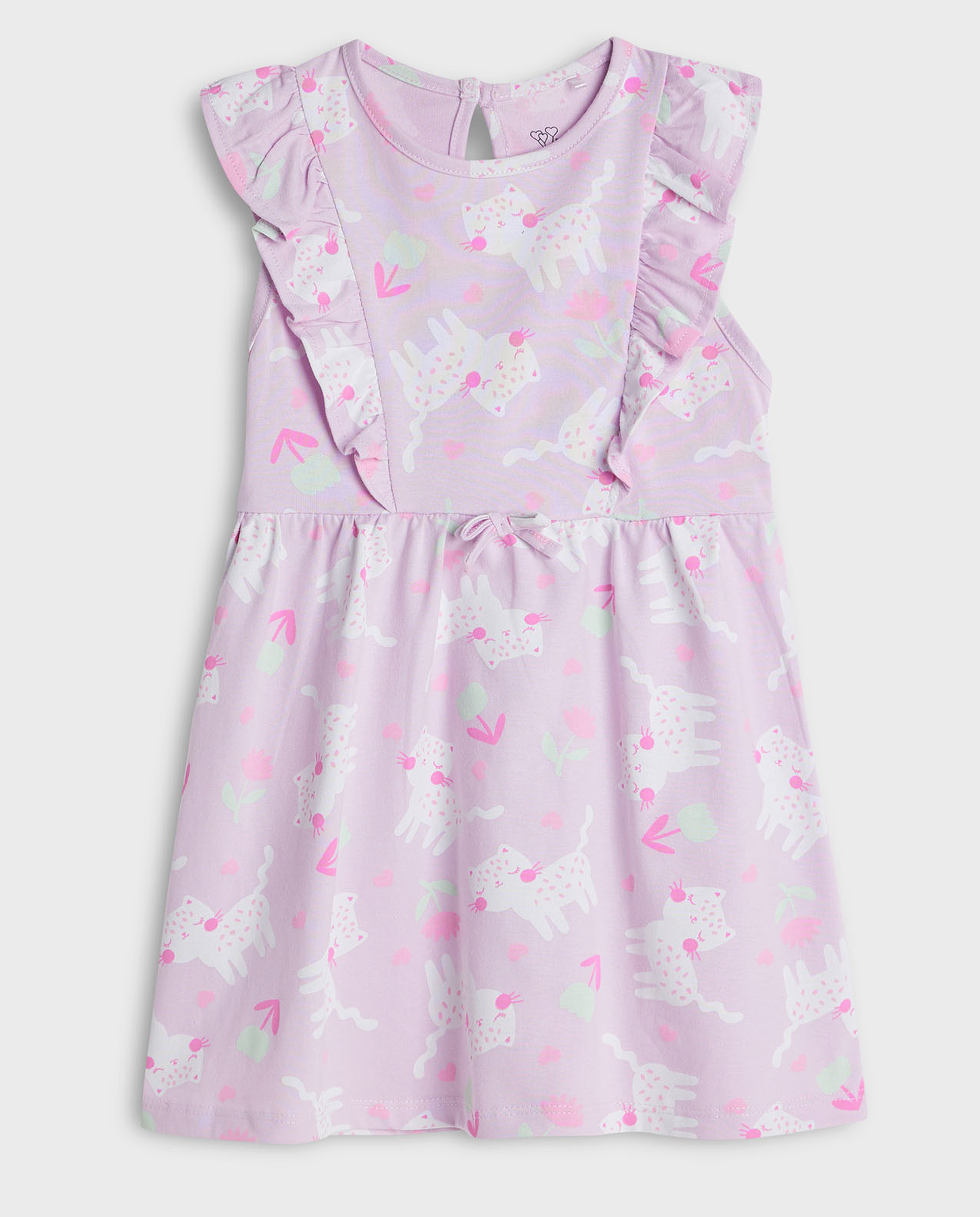 Printed Dress with Crew Neck and Ruffle Sleeves