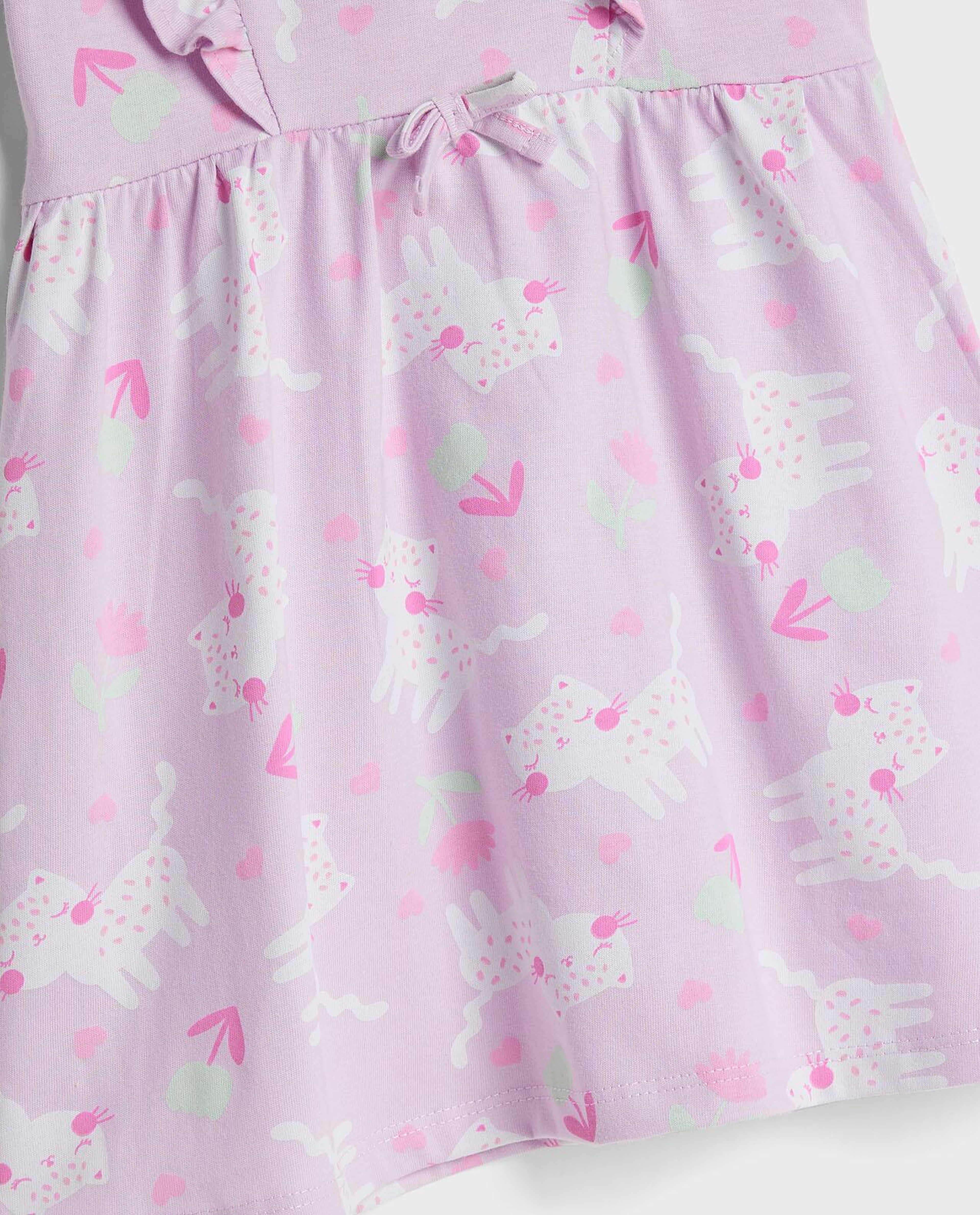 Printed Dress with Crew Neck and Ruffle Sleeves