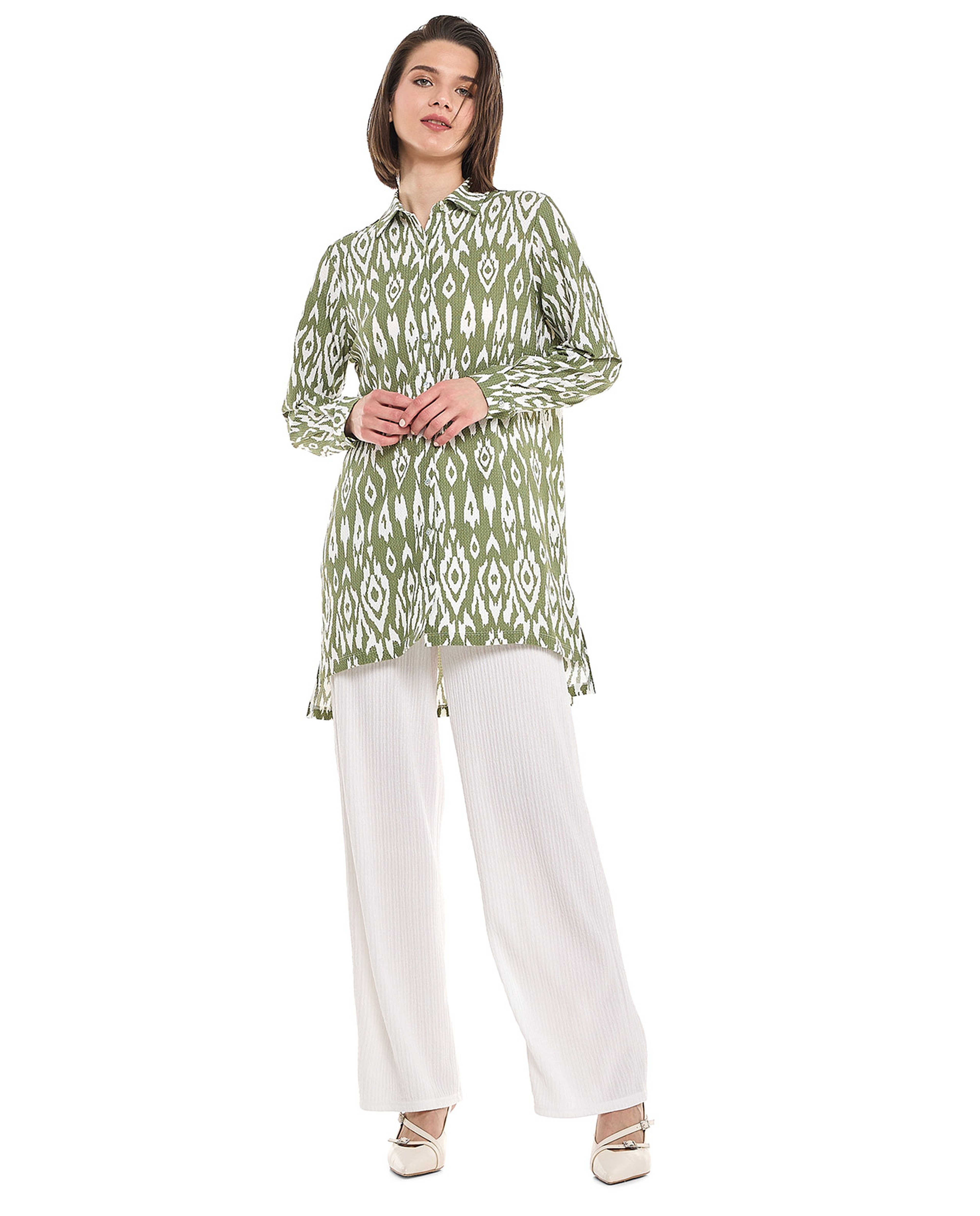 Patterned Tunic with Classic Collar and Long Sleeves
