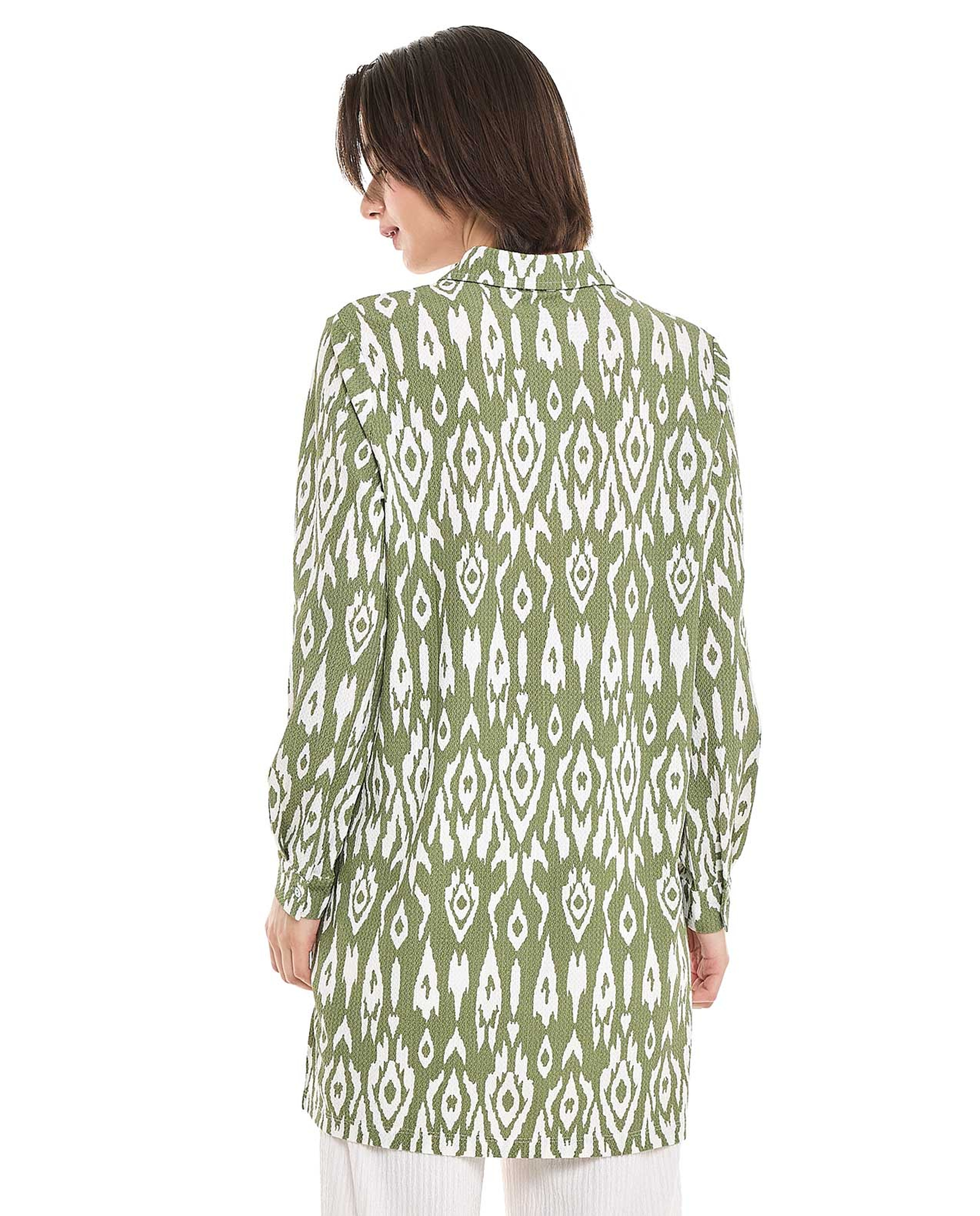 Patterned Tunic with Classic Collar and Long Sleeves