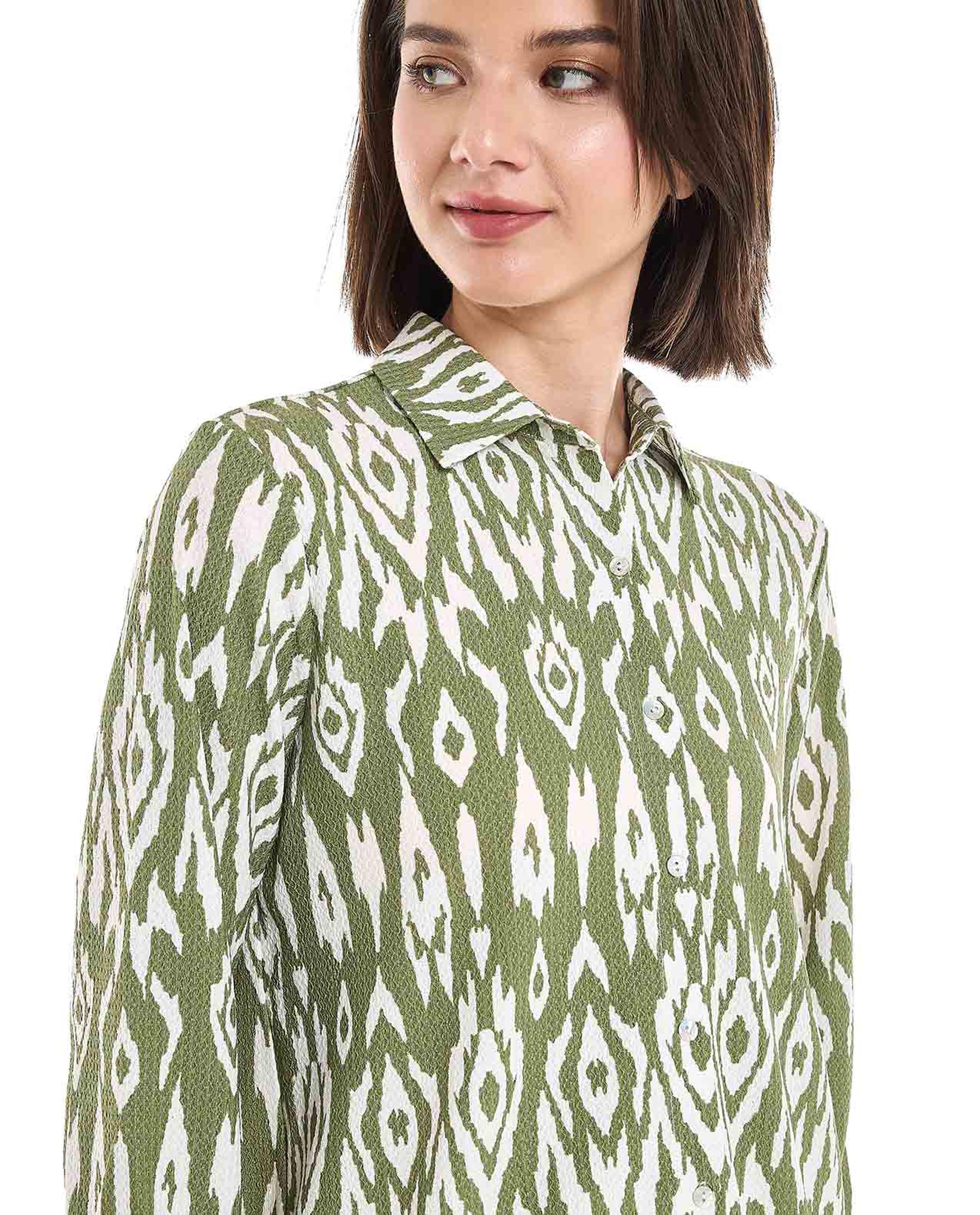 Patterned Tunic with Classic Collar and Long Sleeves