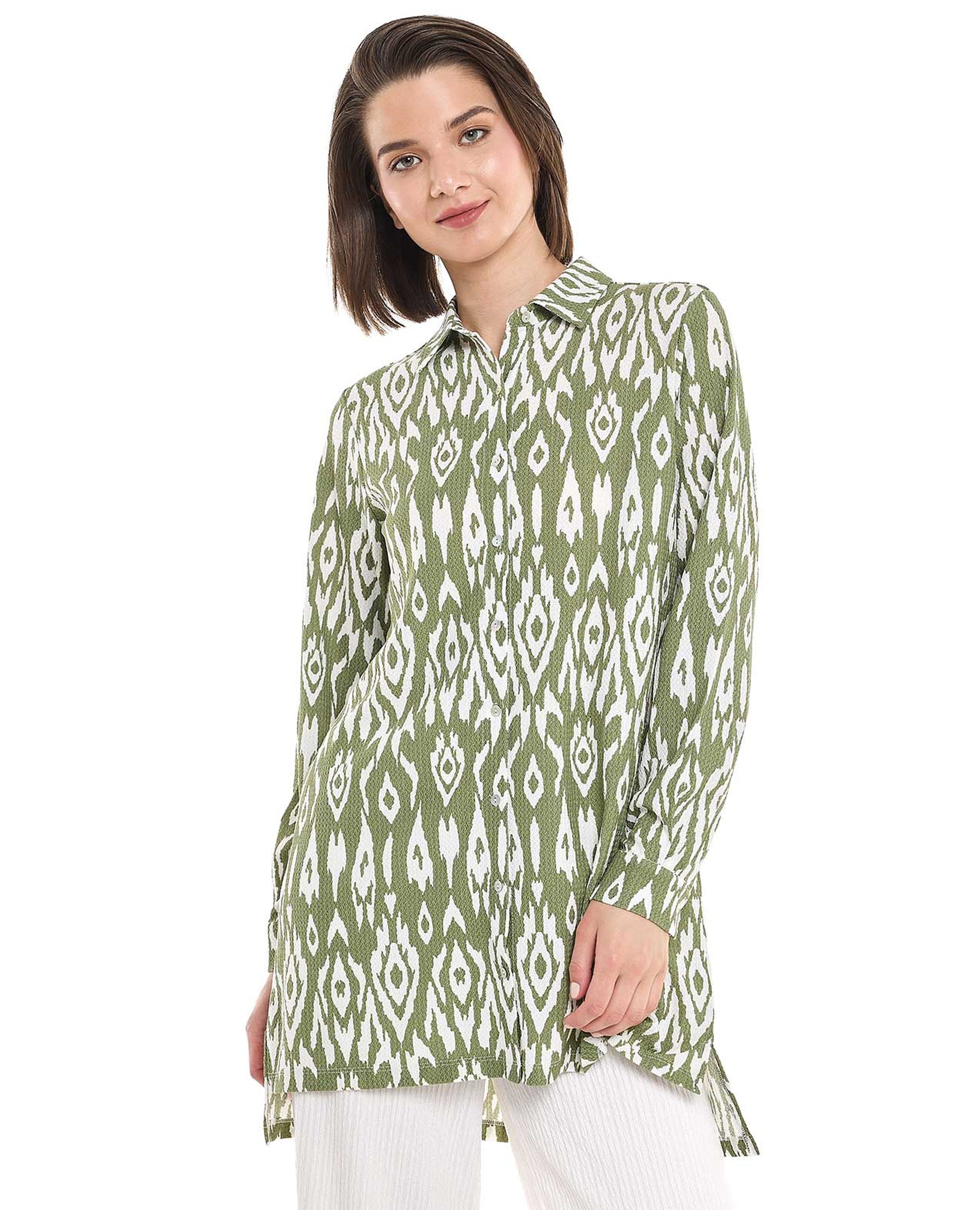 Patterned Tunic with Classic Collar and Long Sleeves