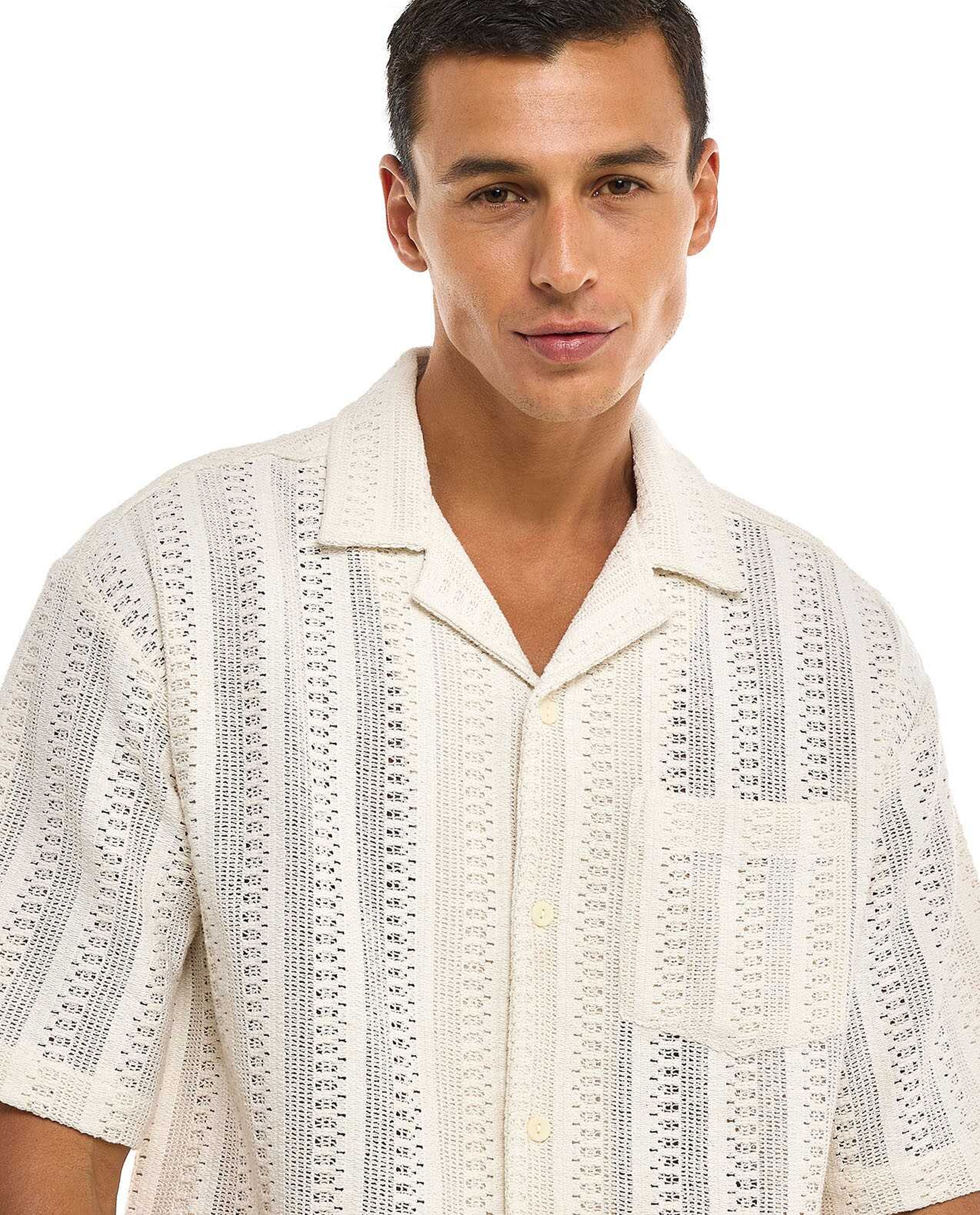 Openwork Shirt with Revere Collar and Short Sleeves