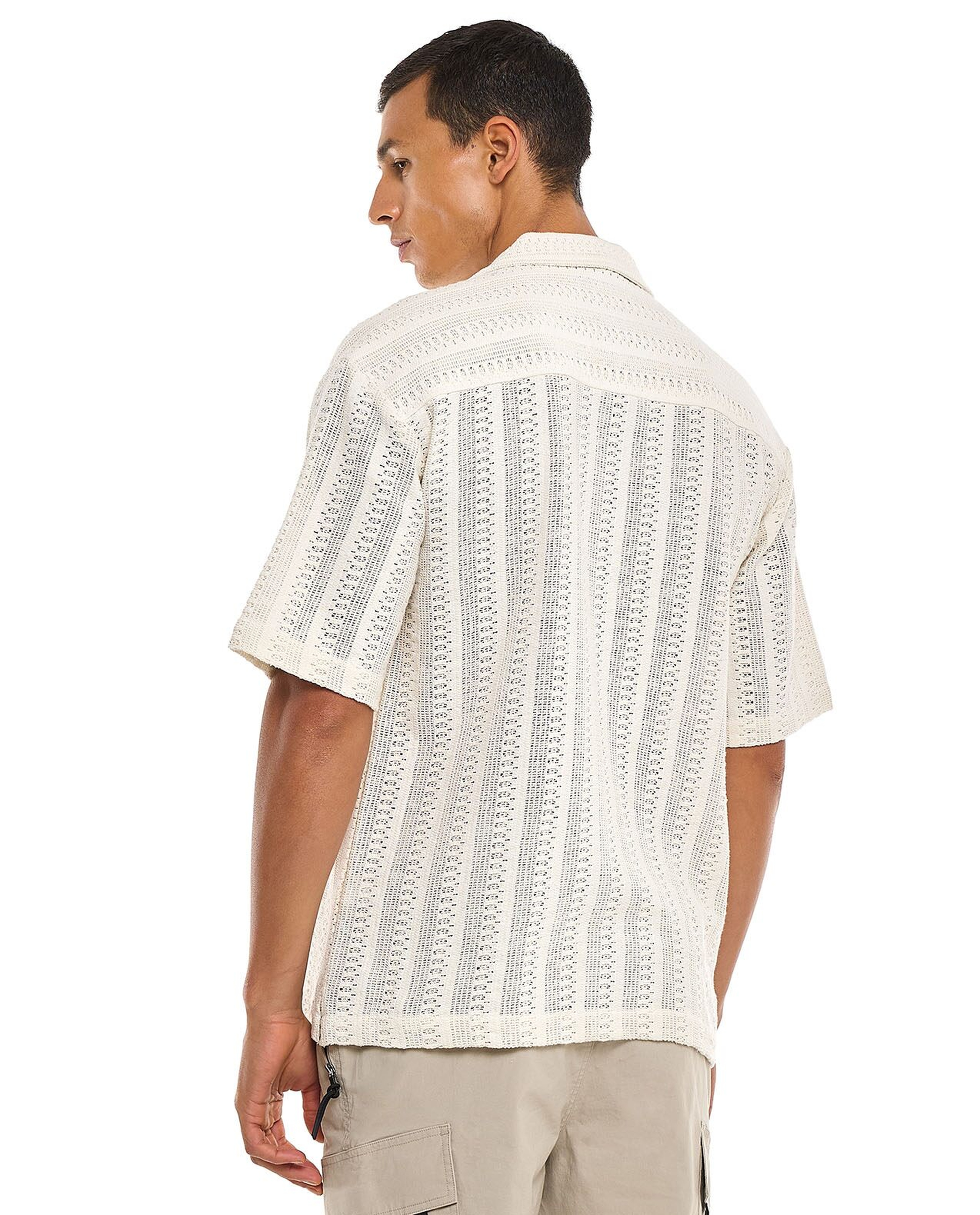Openwork Shirt with Revere Collar and Short Sleeves