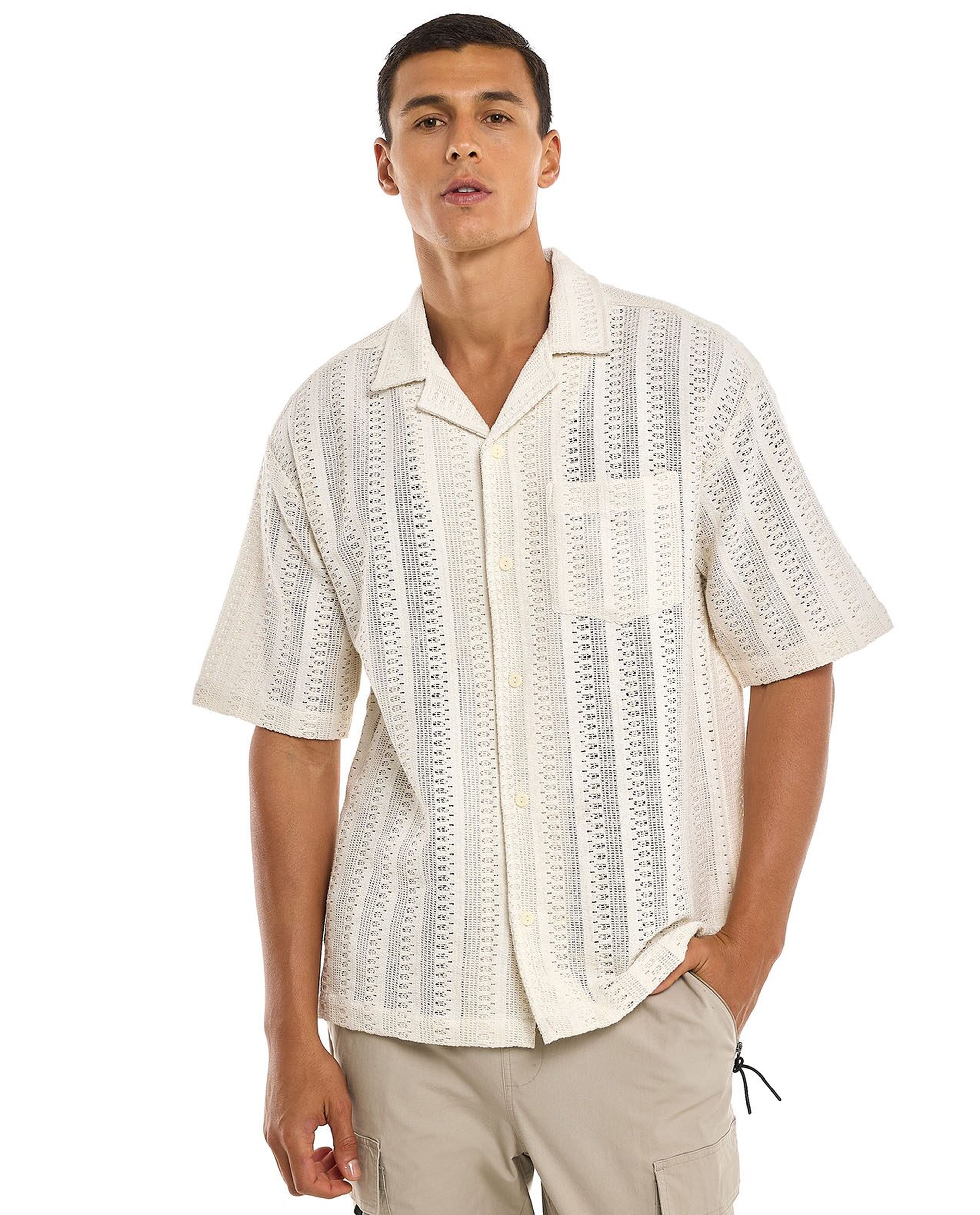 Openwork Shirt with Revere Collar and Short Sleeves