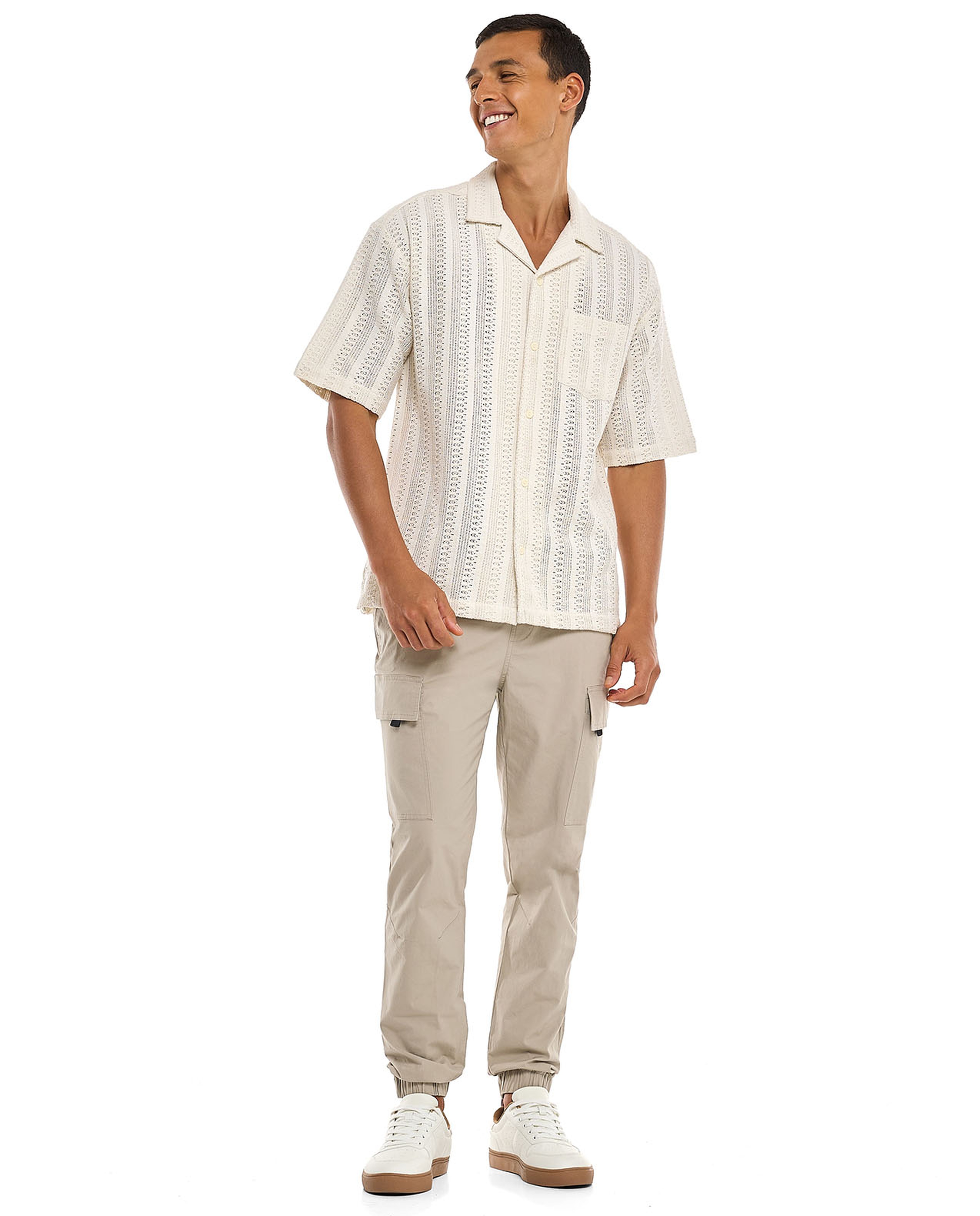 Openwork Shirt with Revere Collar and Short Sleeves