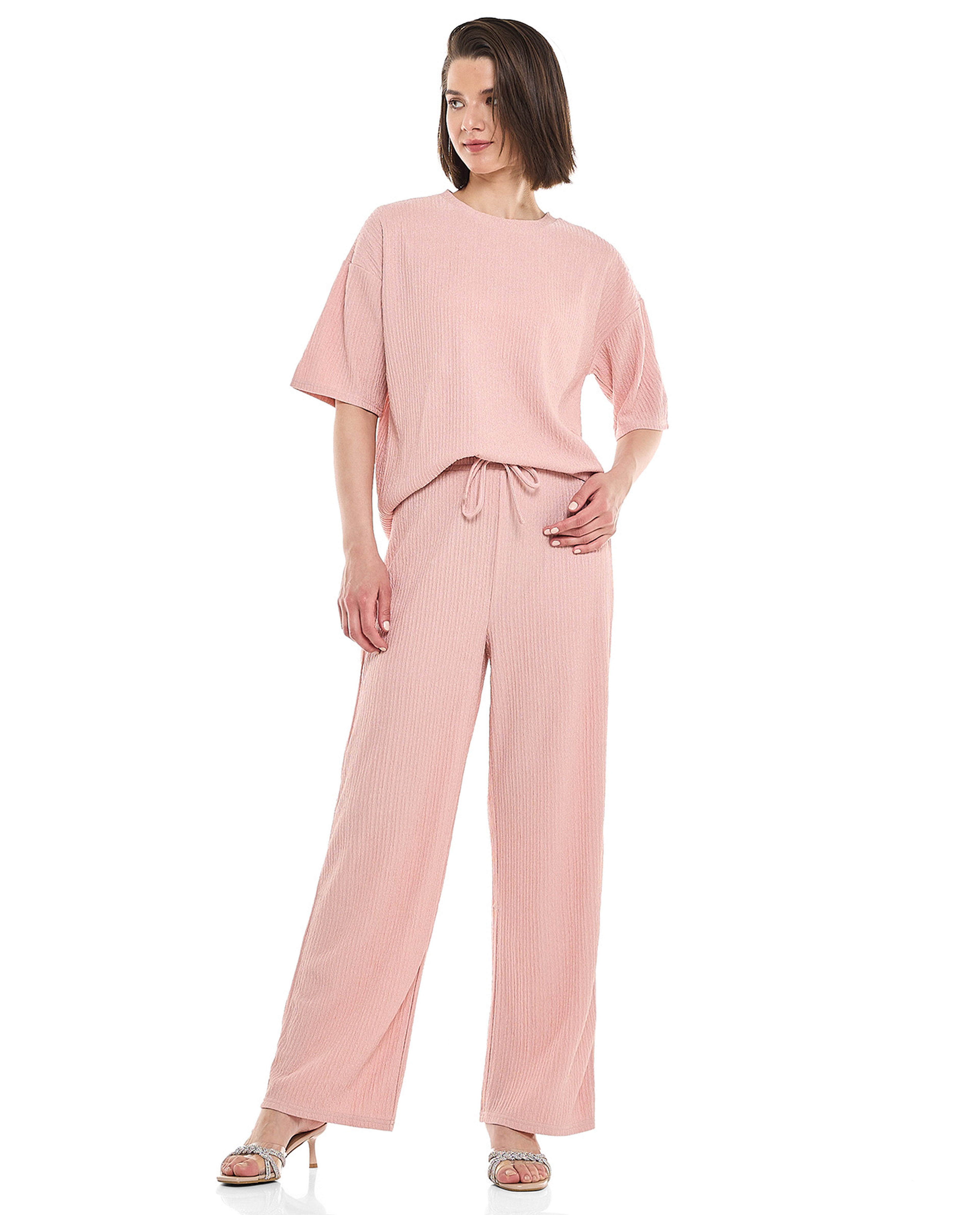 Textured Straight Fit Pants with Drawstring Closure